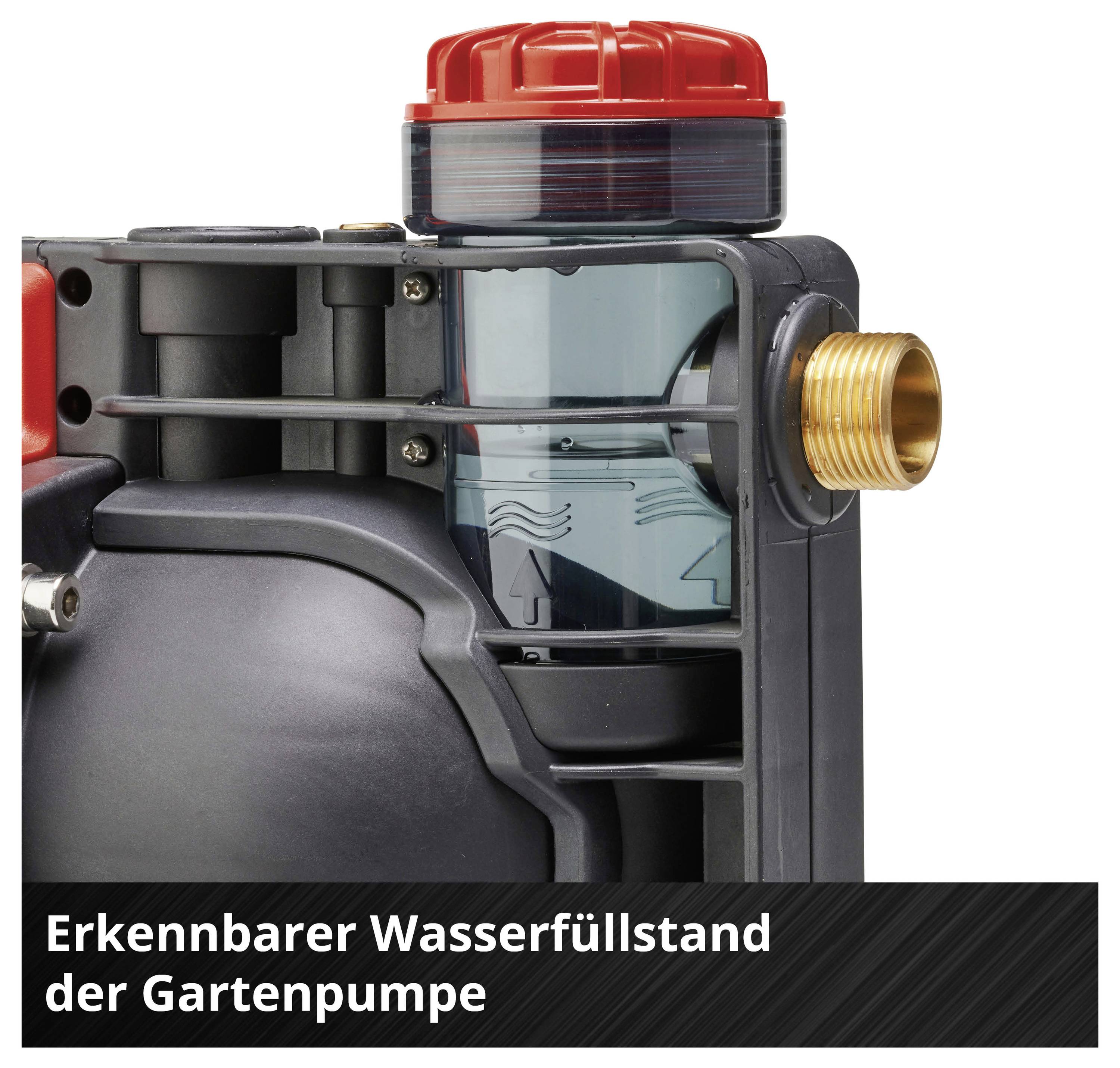 Gartenpumpe mit sichtbarem Wasserfüllstandsanzeiger und Anschlussstutzen; unten steht 'Erkennbarer Wasserfüllstand der Gartenpumpe'.