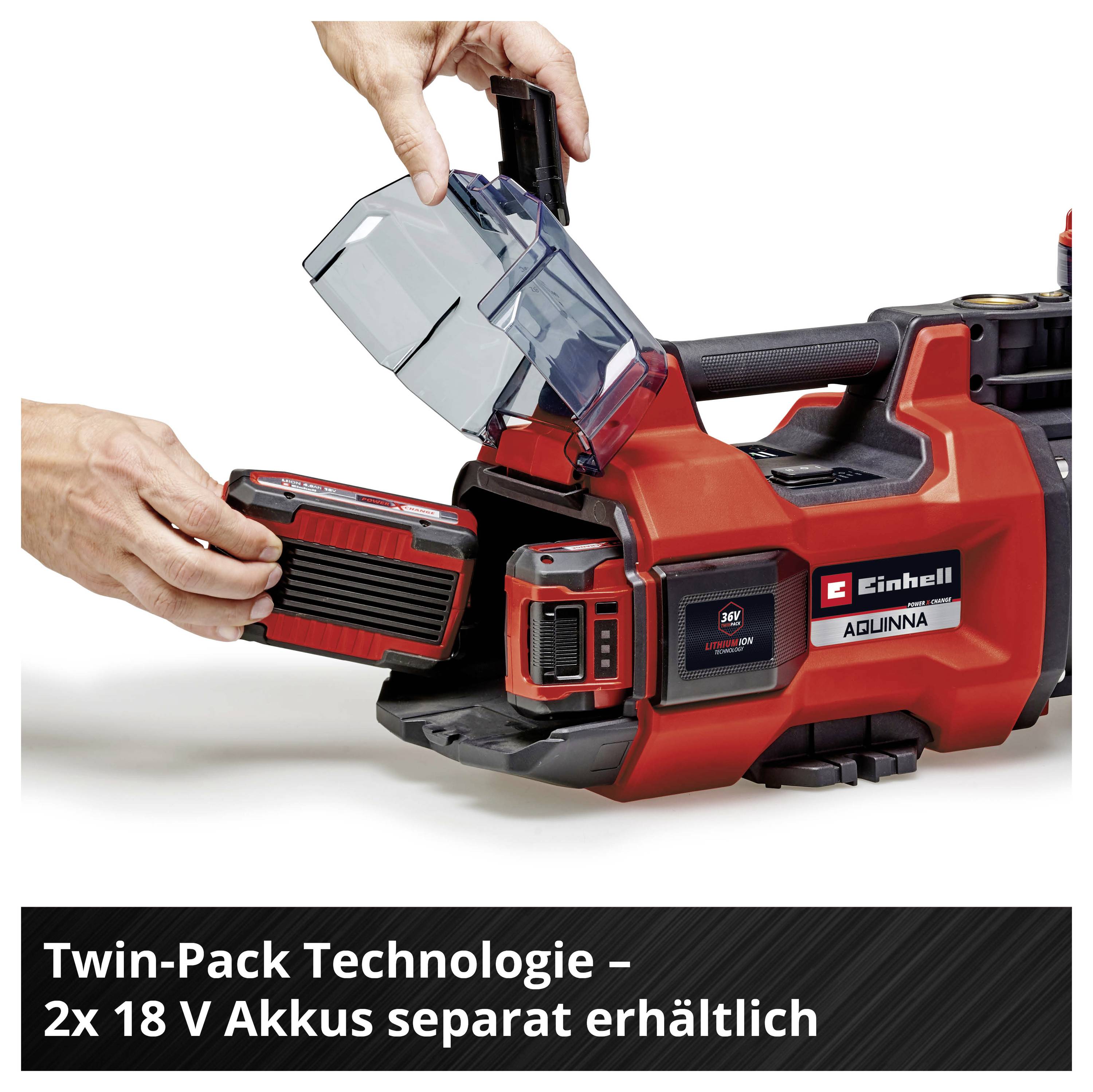 Akkubetriebene Einhell-Ausrüstung mit eingesetztem Akku; Text weist auf Twin-Pack-Technologie und zwei separat erhältliche 18-V-Akkus hin.
