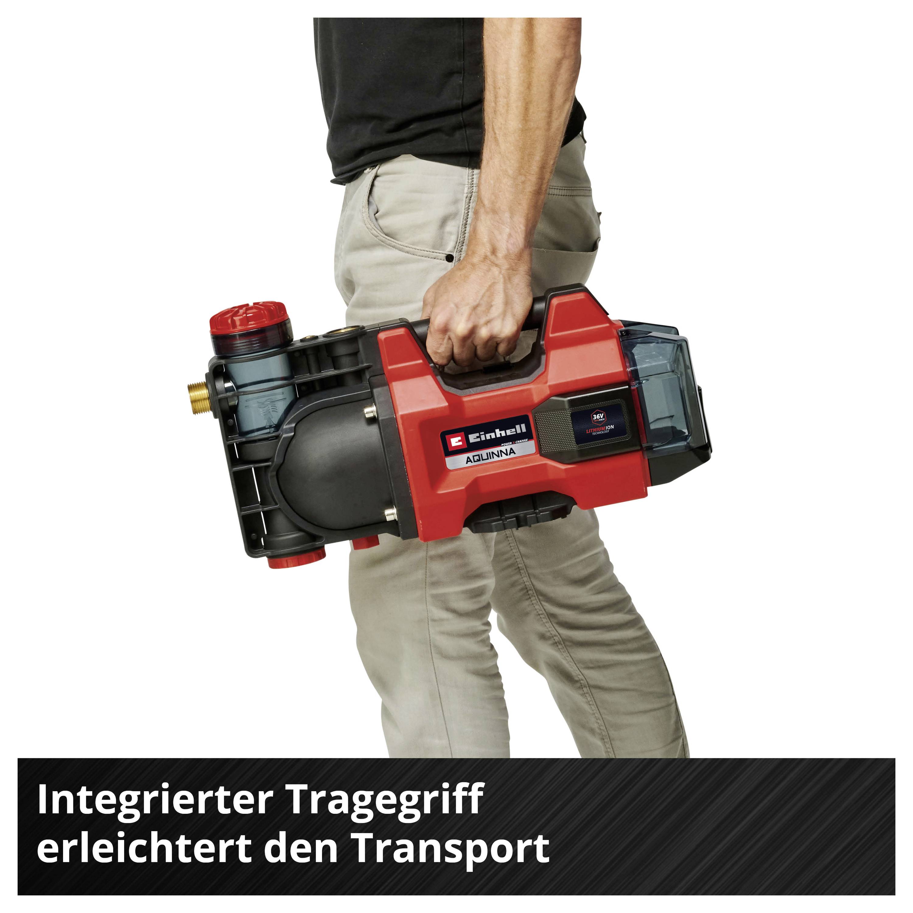 Person trägt ein rotes Einhell-Gerät am integrierten Griff; Hinweis: 'Integrierter Tragegriff erleichtert den Transport'.