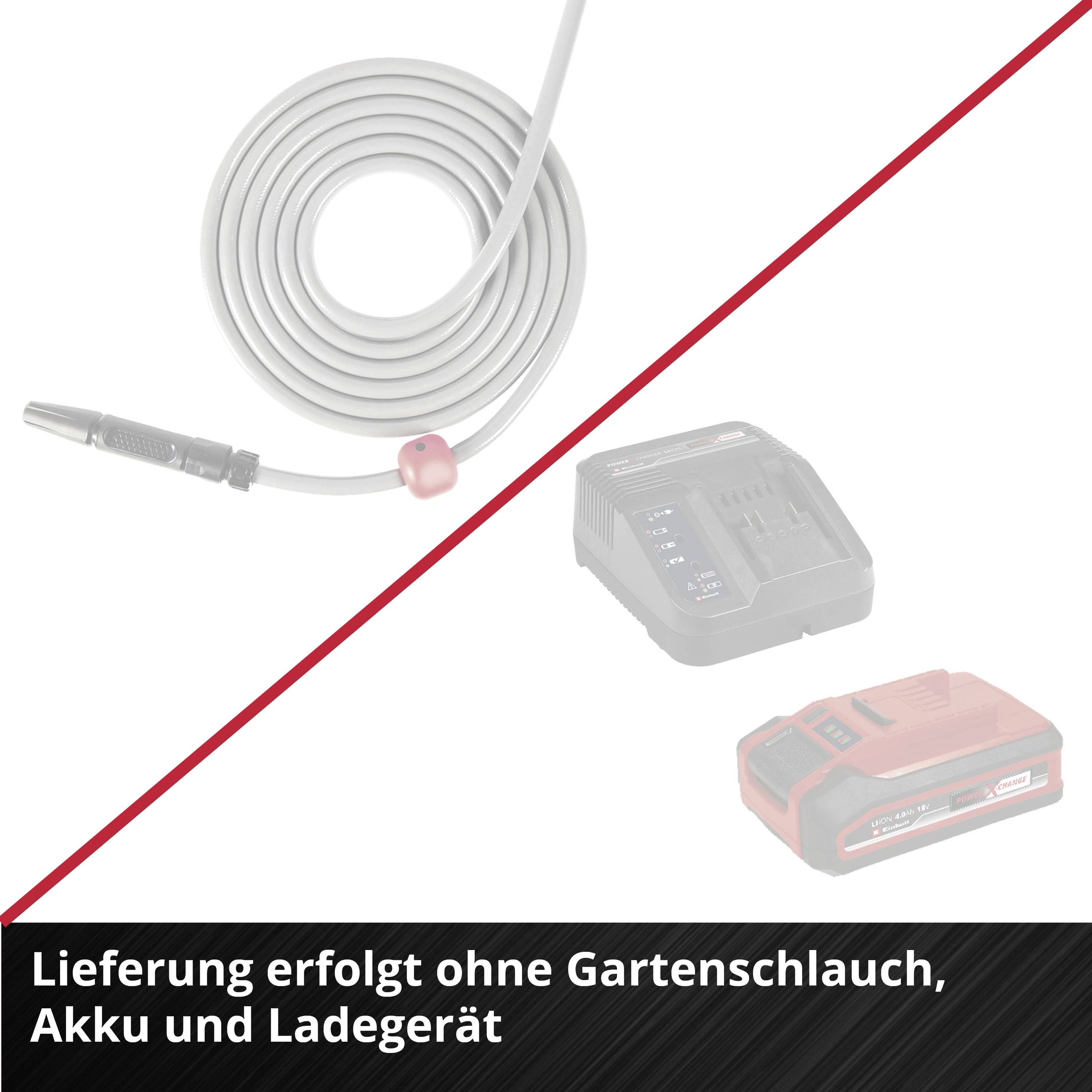 'Lieferung erfolgt ohne Gartenschlauch, Akku und Ladegerät.' Der Schlauch und die Geräte sind zur Veranschaulichung dargestellt.