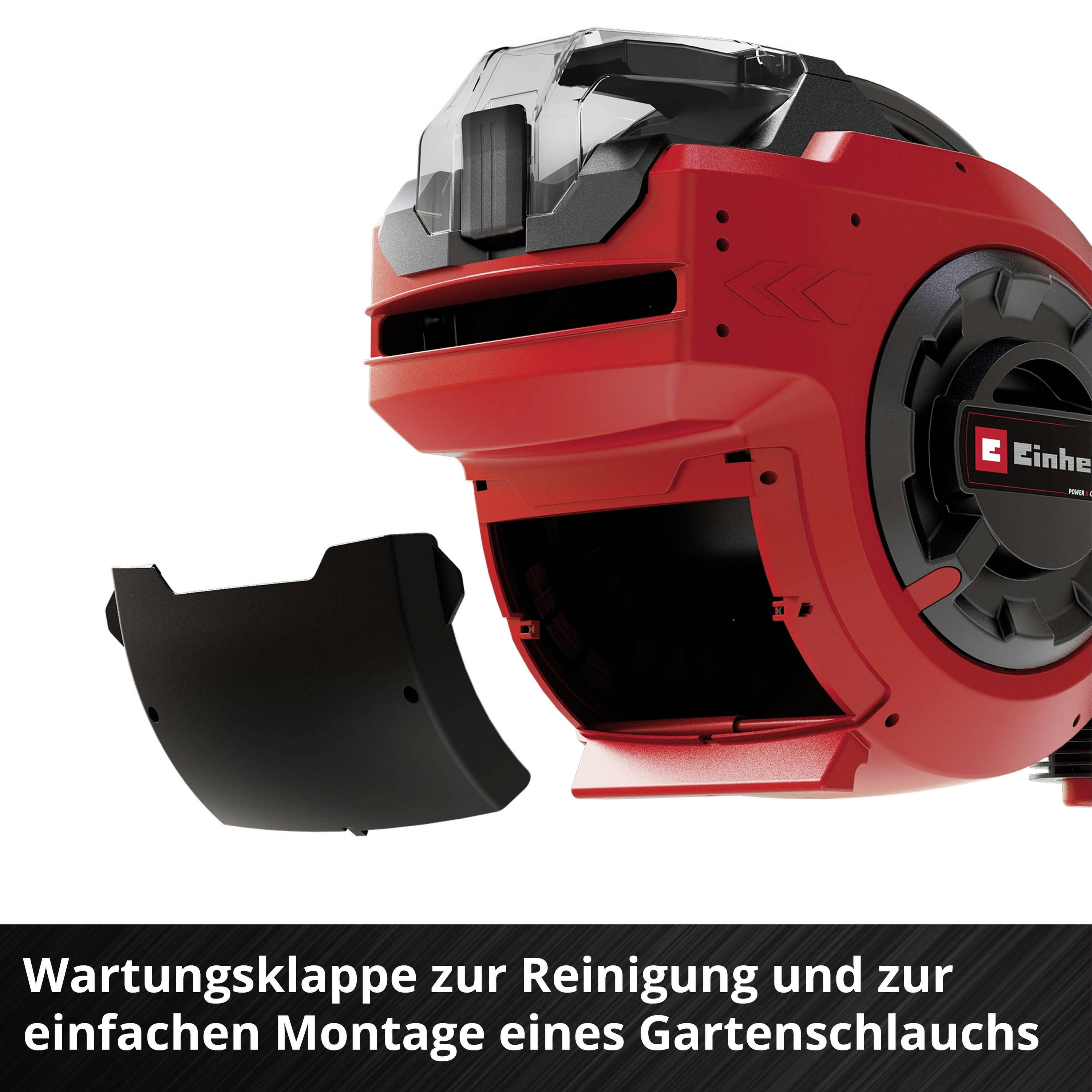 Ein roter Mähroboter mit geöffneter Wartungsklappe; Text darunter: Wartungsklappe zur Reinigung und zur einfachen Montage eines Gartenschlauchs.