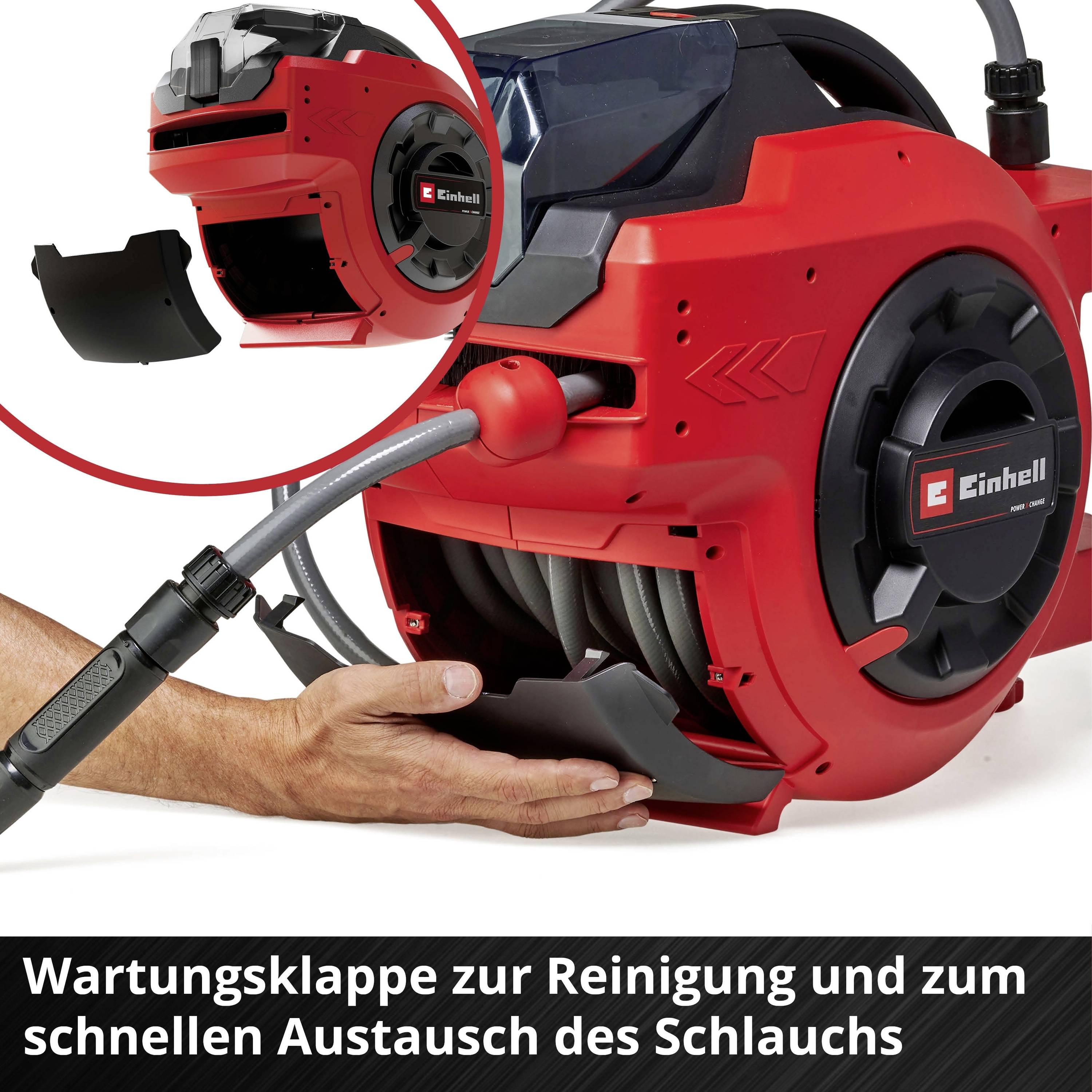 Rote Schlauchtrommel von Einhell mit Reinigungs- und Austauschklappe, veranschaulicht die einfache Handhabung und Funktionalität.