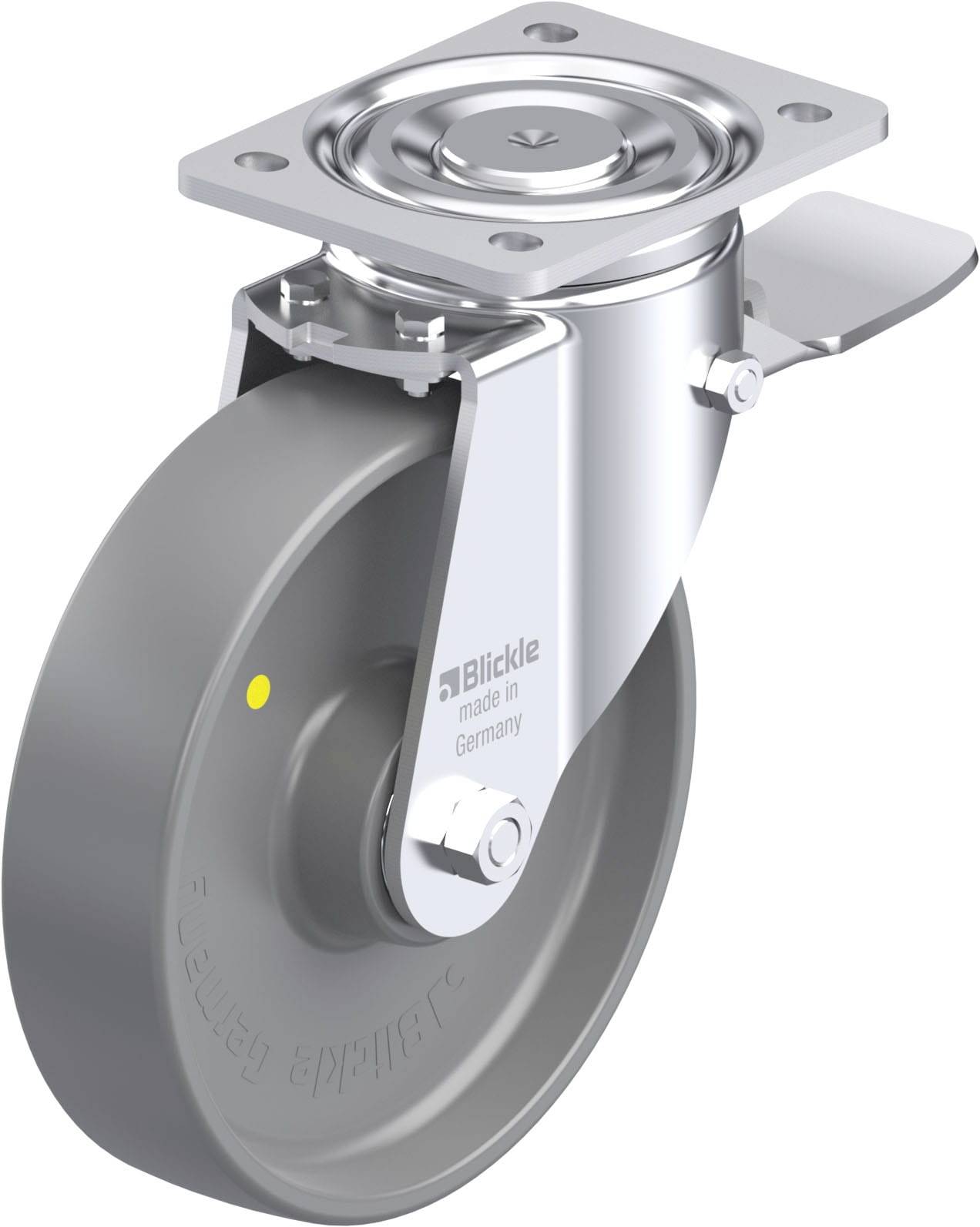 Schwenkrolle mit grauem Rad, Gehäuse aus Metall, Bremsmechanismus, und dem Aufdruck 'Blickle made in Germany'.