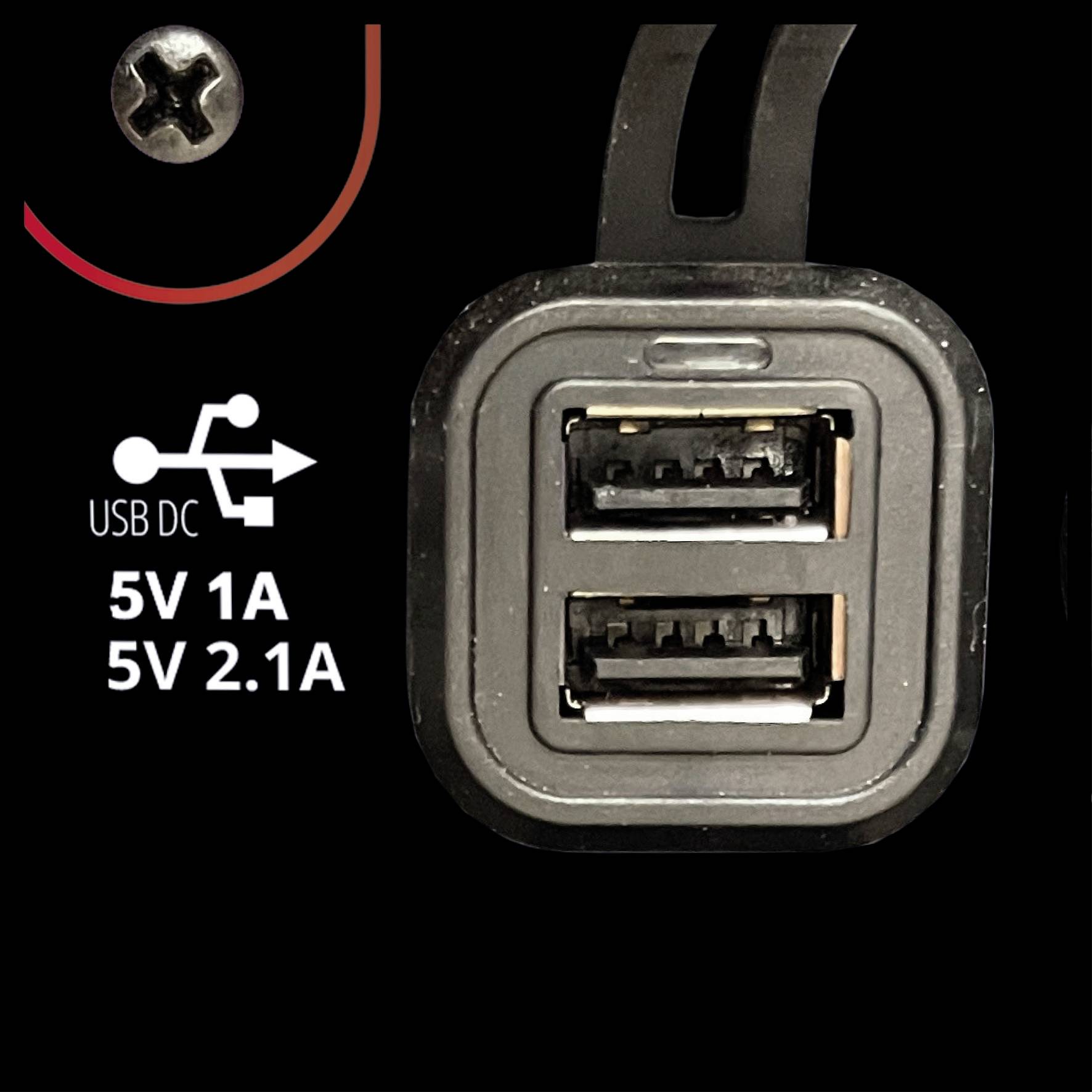 USB DC Splitter mit zwei USB-Anschlüssen, Stromstärke-Optionen: 5V 1A und 5V 2.1A.
