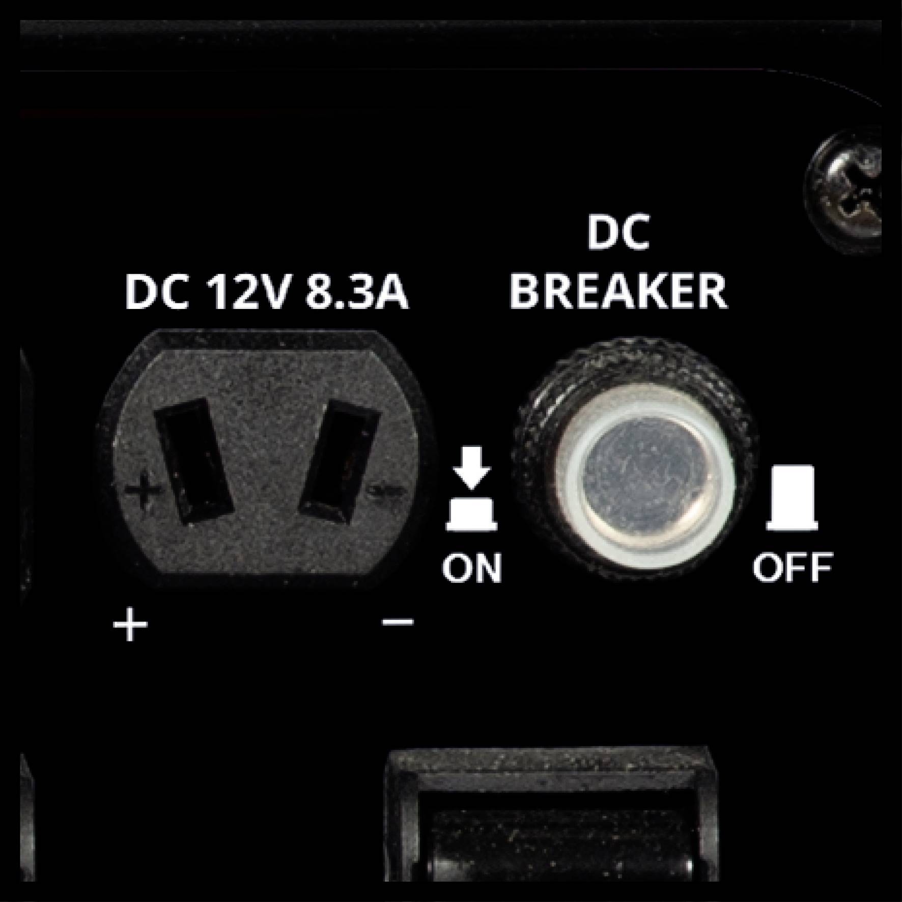Nahaufnahme von DC 12V 8.3A Anschluss und DC Breaker Schalter. Links: Steckdose mit Plus-/Minus-Markierung. Rechts: Schalter für An/Aus.