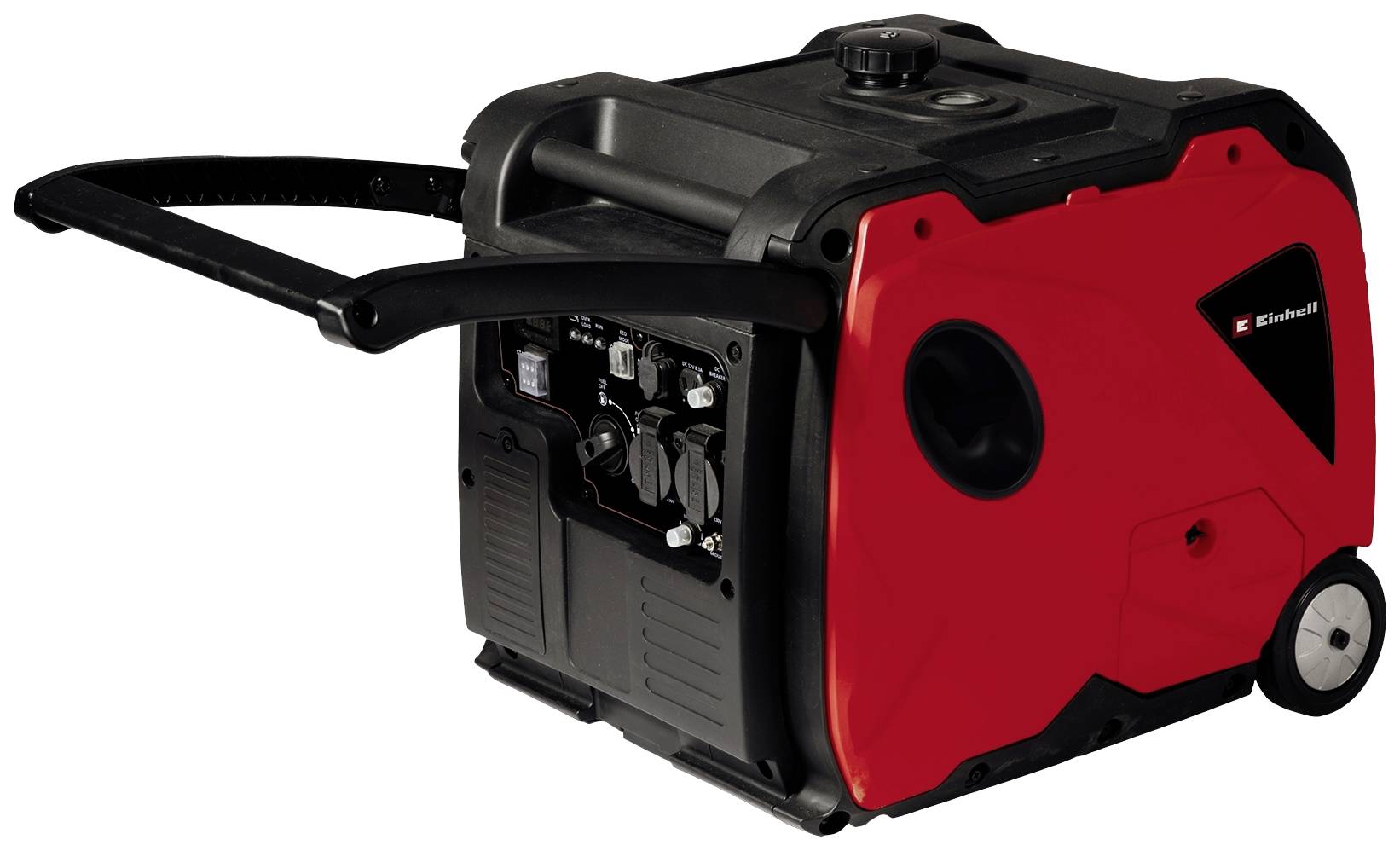Roter mobiler Stromgenerator mit schwarzem Griff und Rädern, ideal für den Einsatz in Außenbereichen zur Stromversorgung.