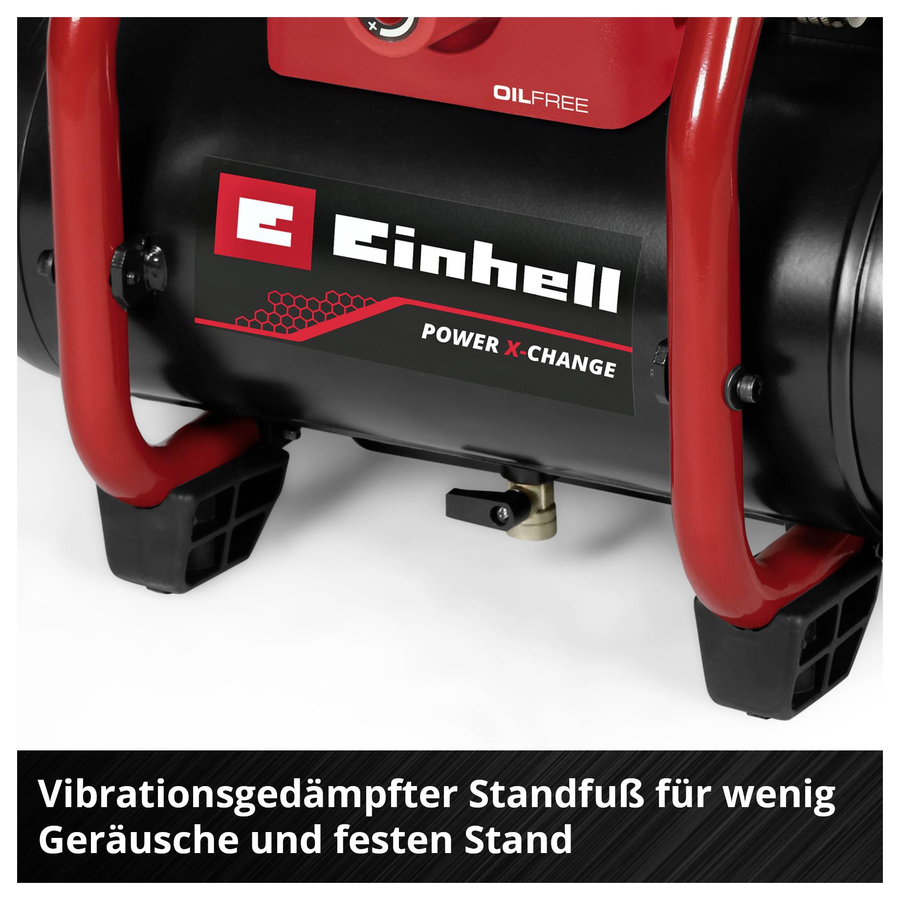 Nahaufnahme eines Einhell-Kompressors mit vibrationsgedämpftem Standfuß; Text: 'Vibrationsgedämpfter Standfuß für wenig Geräusche und festen Stand'.