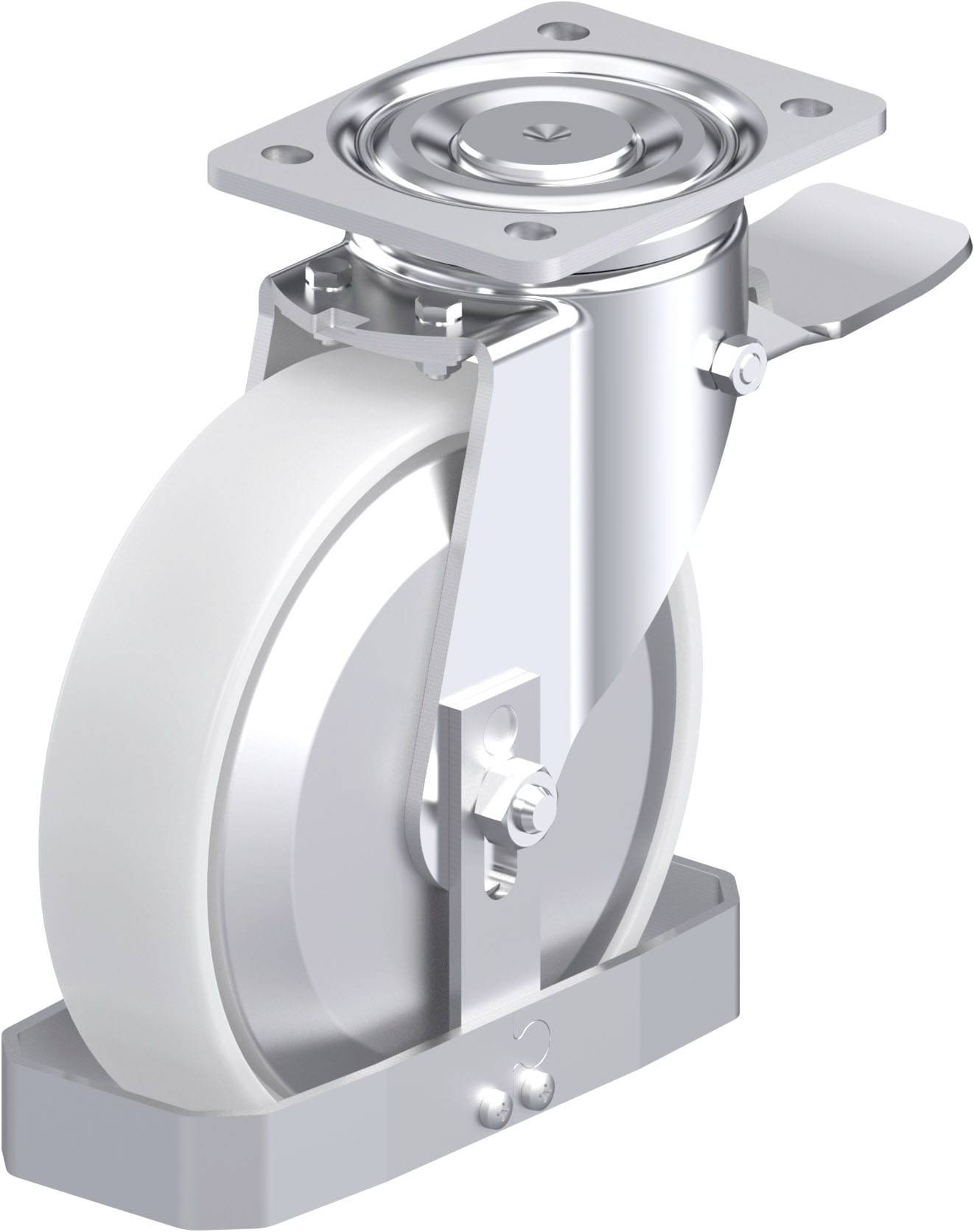 Metallisches Schwenkrollenrad mit integriertem Bremssystem, geeignet für Möbel oder Geräte, mit einer stabilen Metallhalterung.