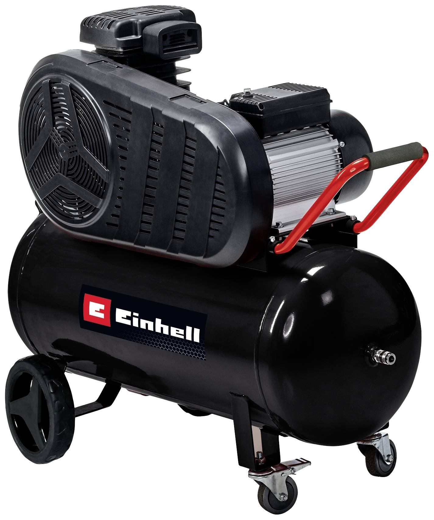 'Einhell' Luftkompressor mit schwarzem Tank, roten Griffen und zwei Rädern hinten. Großer Lüfter oben, modernes Design, für industrielle Anwendungen.