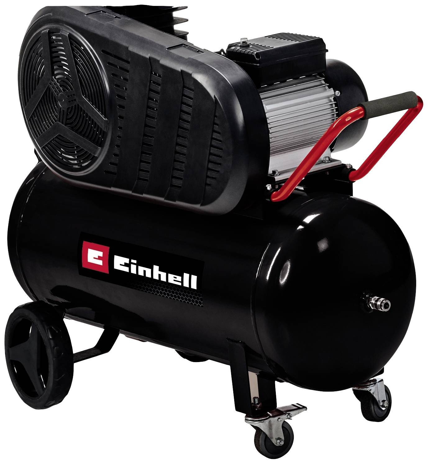 Schwarzer Luftkompressor auf Rädern mit einem roten Griff. Marke 'Einhell', geeignet für Werkstattanwendungen.