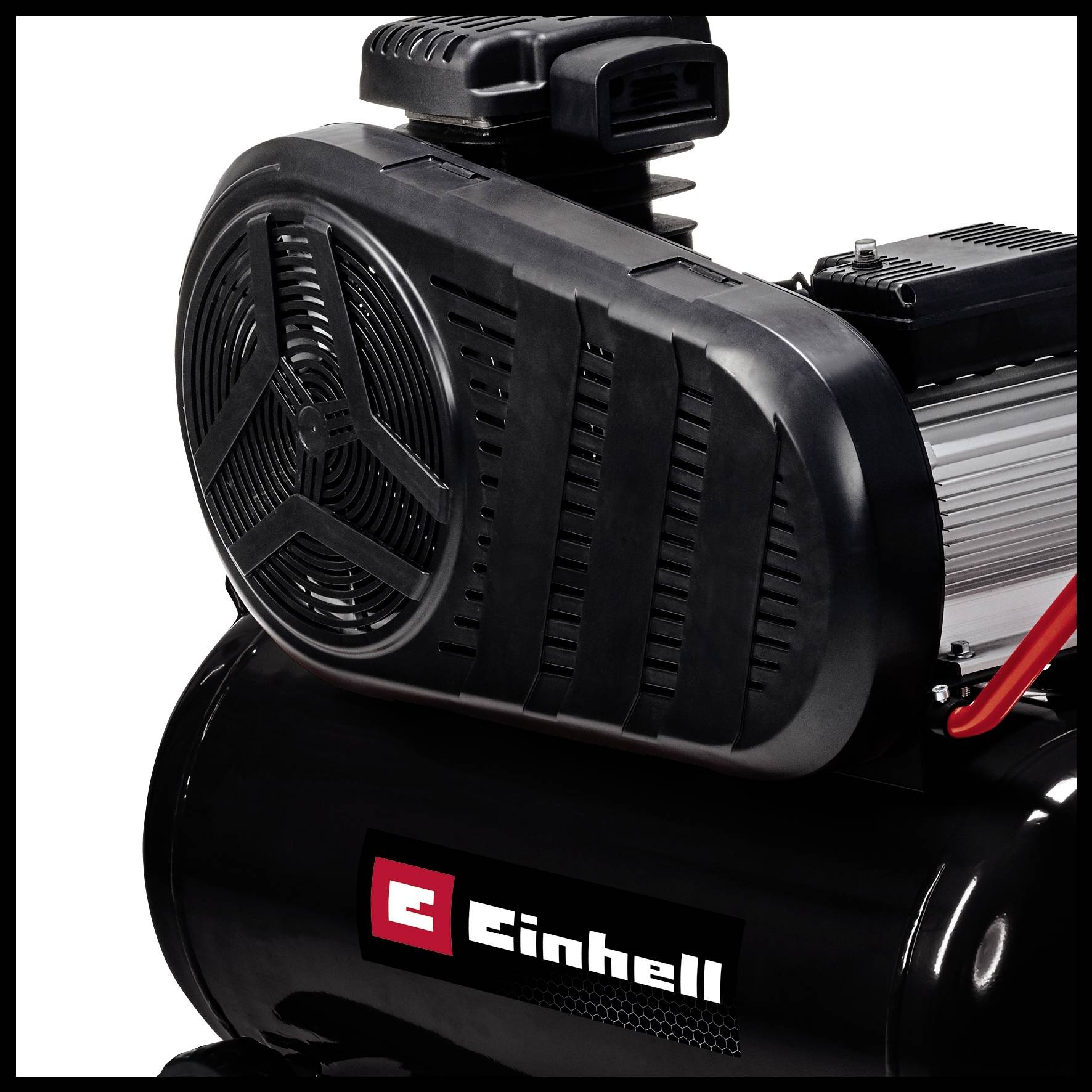 Ein schwarzer Luftkompressor mit 'Einhell'-Logo auf dem Gehäuse.