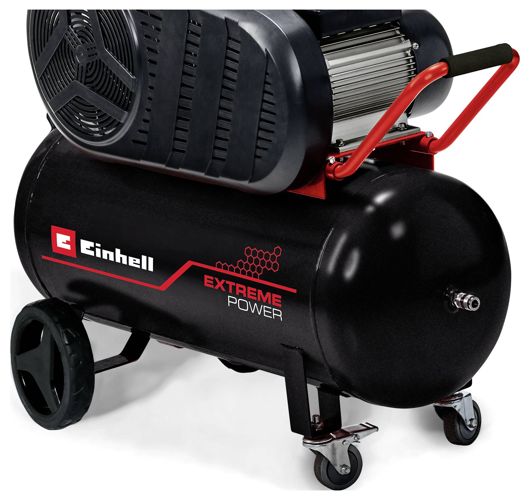 Tragbarer Einhell Extreme Power Kompressor mit Tank, Rädern und Griff zum Transportieren in der Werkstatt.