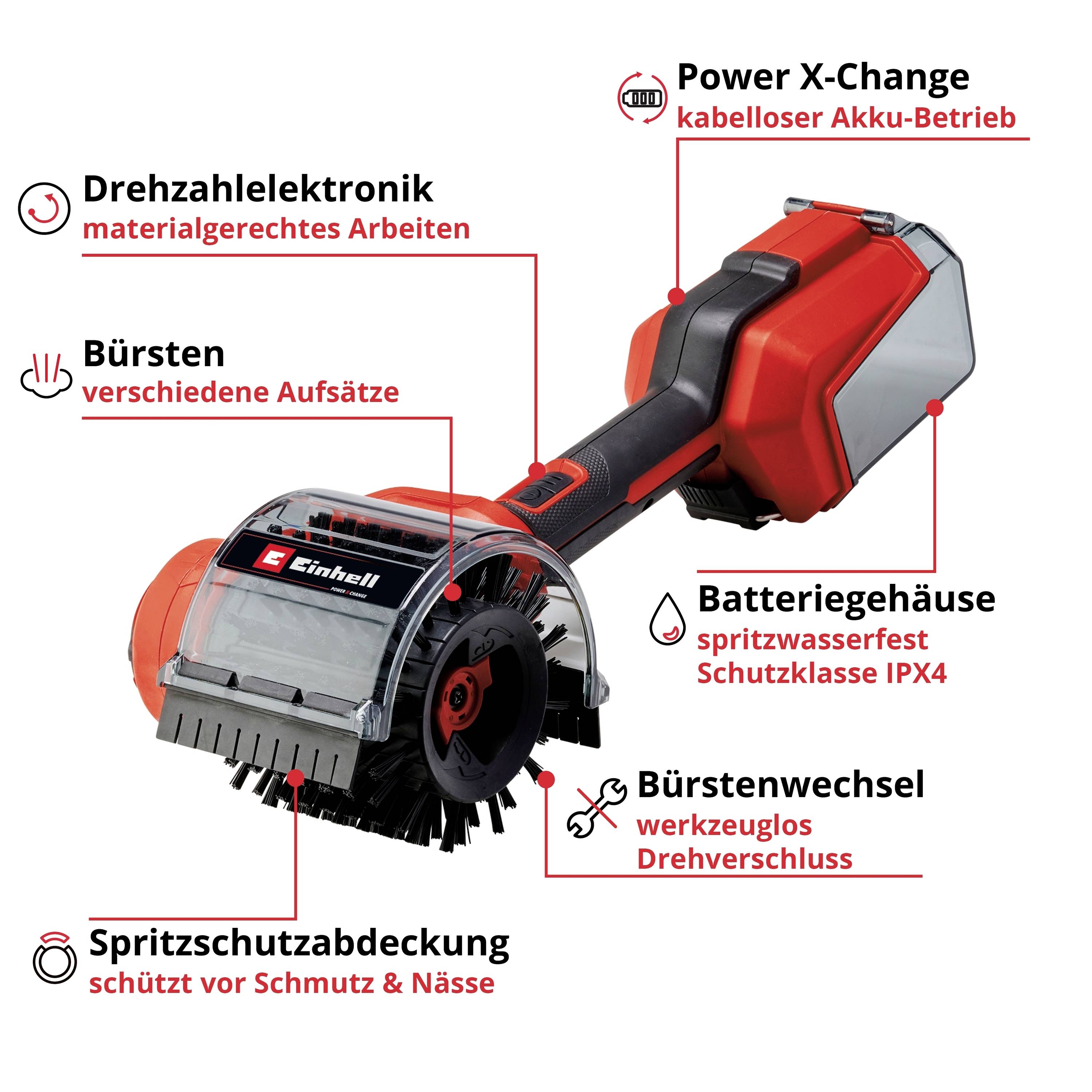 Akku-Reinigungsbürste mit Etiketten: 'Drehzahl­elektronik', 'Bürsten', 'Spritz­schutz­abdeckung', 'Power X-Change', 'Batterie­gehäuse', 'Bürsten­wechsel'.
