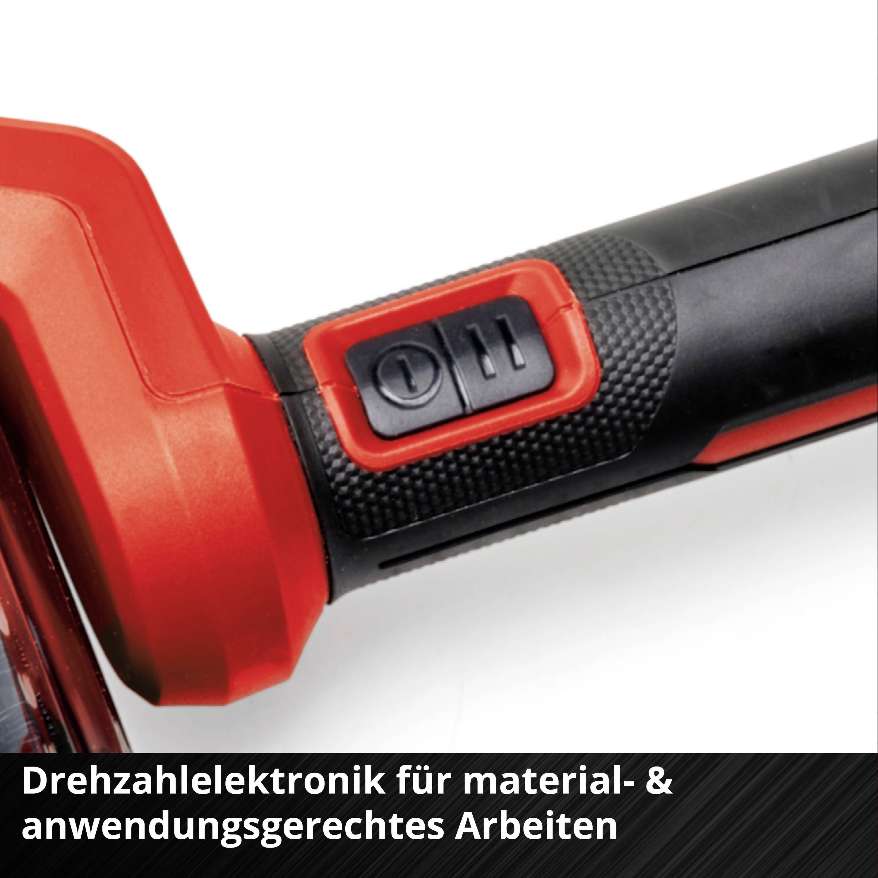 Nahaufnahme eines Elektrowerkzeugs mit rotem Griff und schwarzem Schalter. Text unten: 'Drehzahlelektronik für material- & anwendungsgerechtes Arbeiten'.