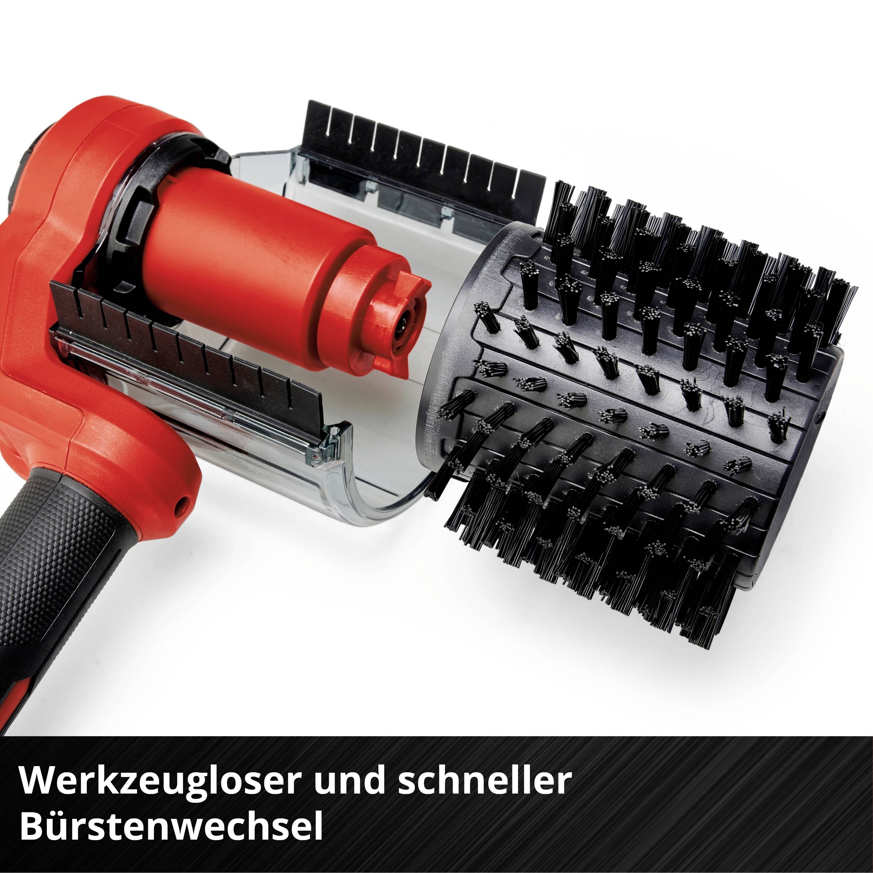 Ein rotes Elektrowerkzeug mit einem abnehmbaren Bürstenaufsatz wird gezeigt. Darunter steht: 'Werkzeugloser und schneller Bürstenwechsel'.