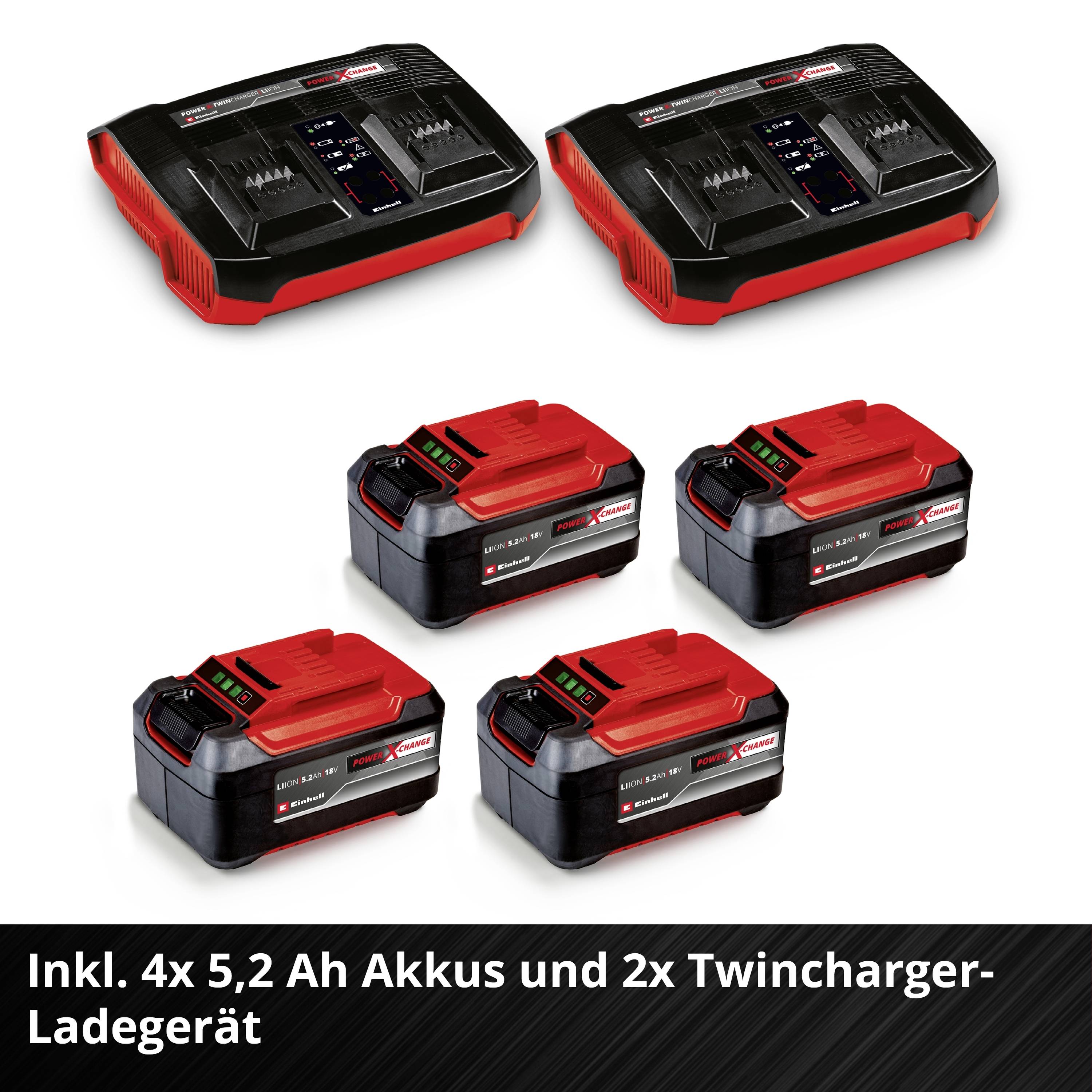 Vier 5,2 Ah Akkus und zwei Twincharger-Ladegeräte.