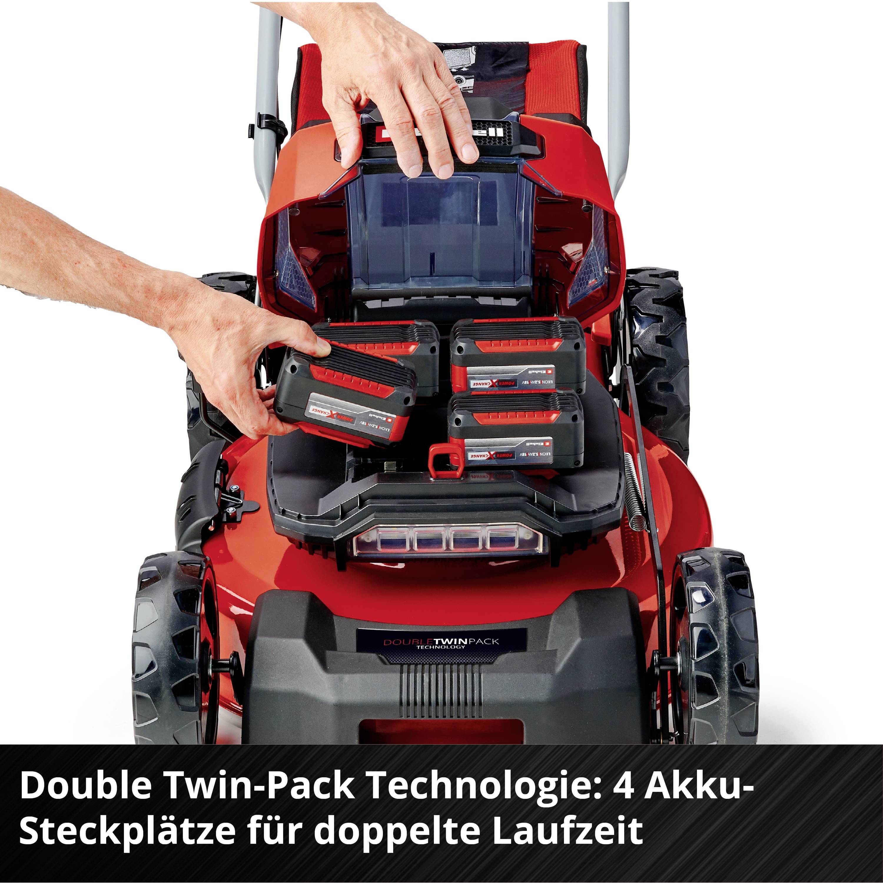 Roter Rasenmäher mit vier sichtbaren Akku-Steckplätzen. Text: 'Double Twin-Pack Technologie: 4 Akku-Steckplätze für doppelte Laufzeit'.
