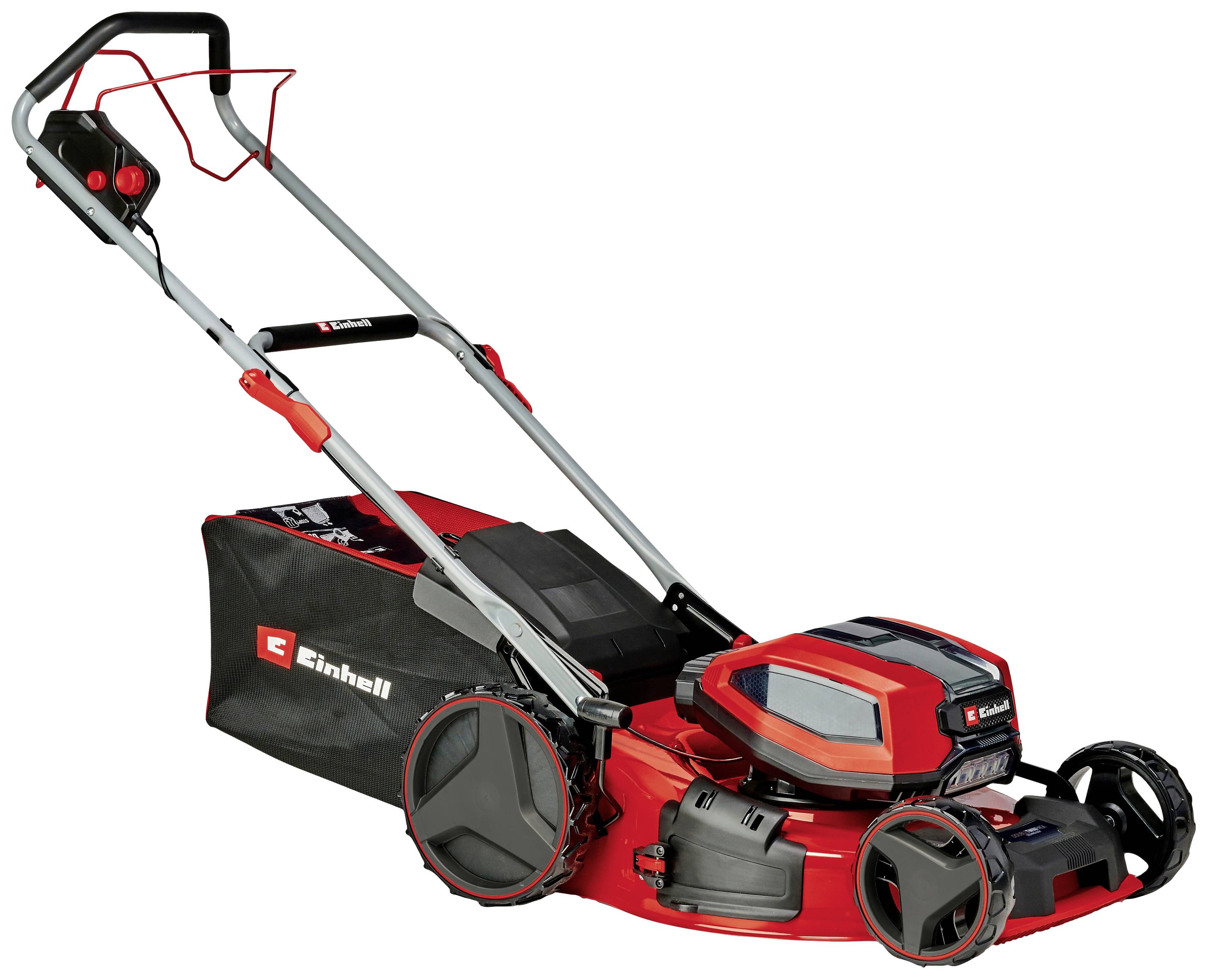 Ein roter und schwarzer Rasenmäher mit Fangkorb, geeignet für den privaten Garten. Er hat große Räder und ein modernes Design.