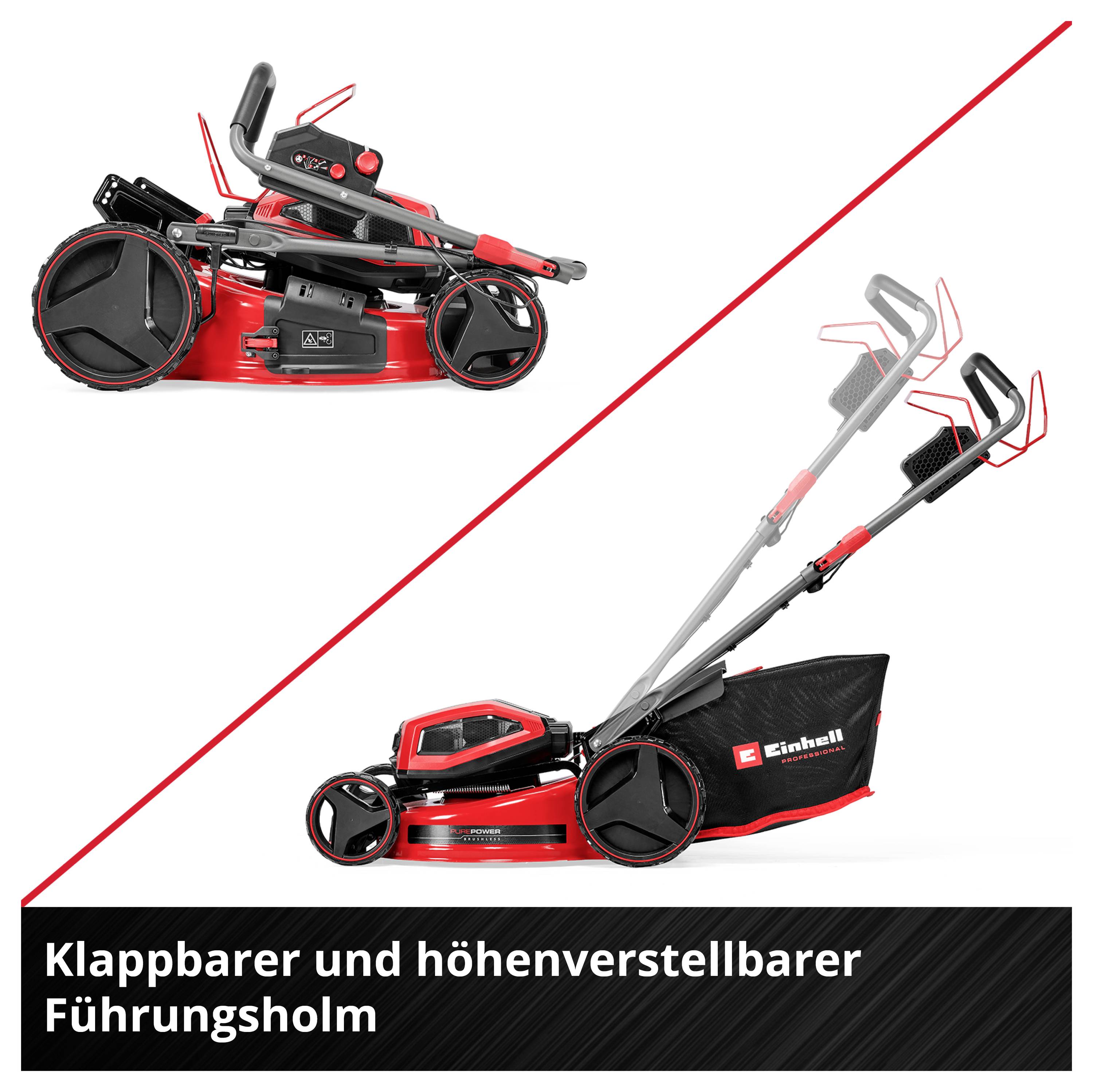 Rasenmäher mit klappbarem und höhenverstellbarem Führungsholm; links zusammengeklappt, rechts ausgeklappt, unten mit Auffangkorb.