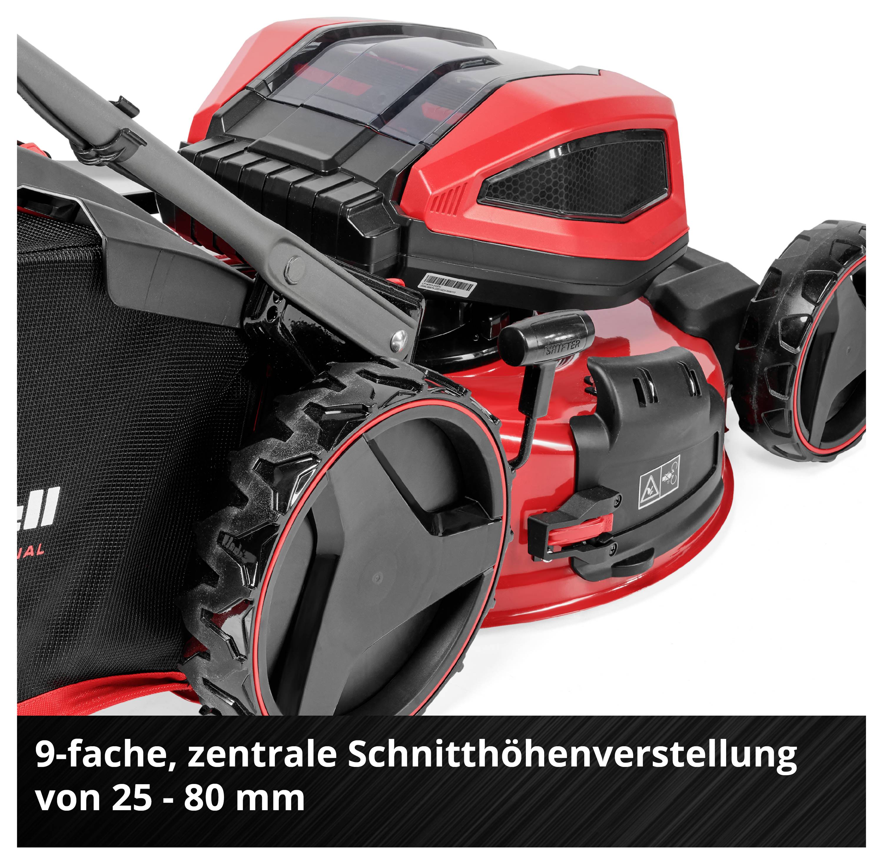 Roter Rasenmäher mit Hinweis auf 9-fache zentrale Schnitthöhenverstellung von 25 bis 80 mm.