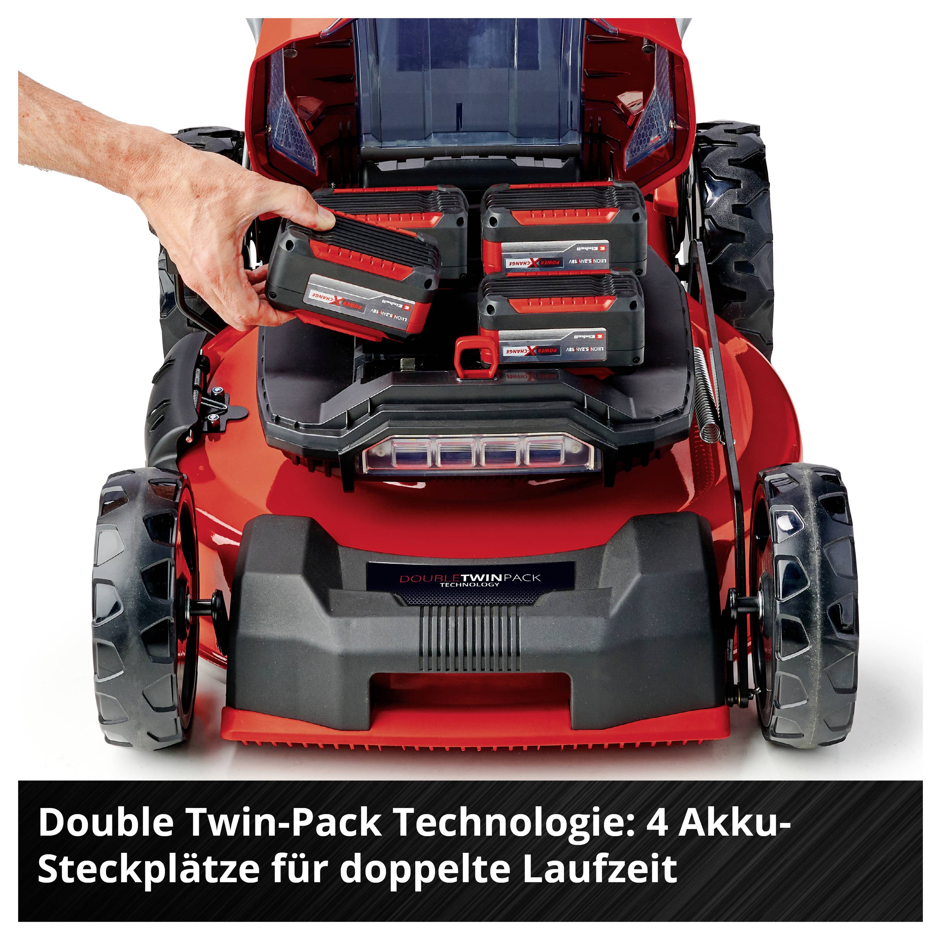 Akku-Rasenmäher mit vier Akku-Steckplätzen; eine Hand setzt einen Akku ein. Hinweis: 'Double Twin-Pack Technologie: 4 Akku-Steckplätze für doppelte Laufzeit'.