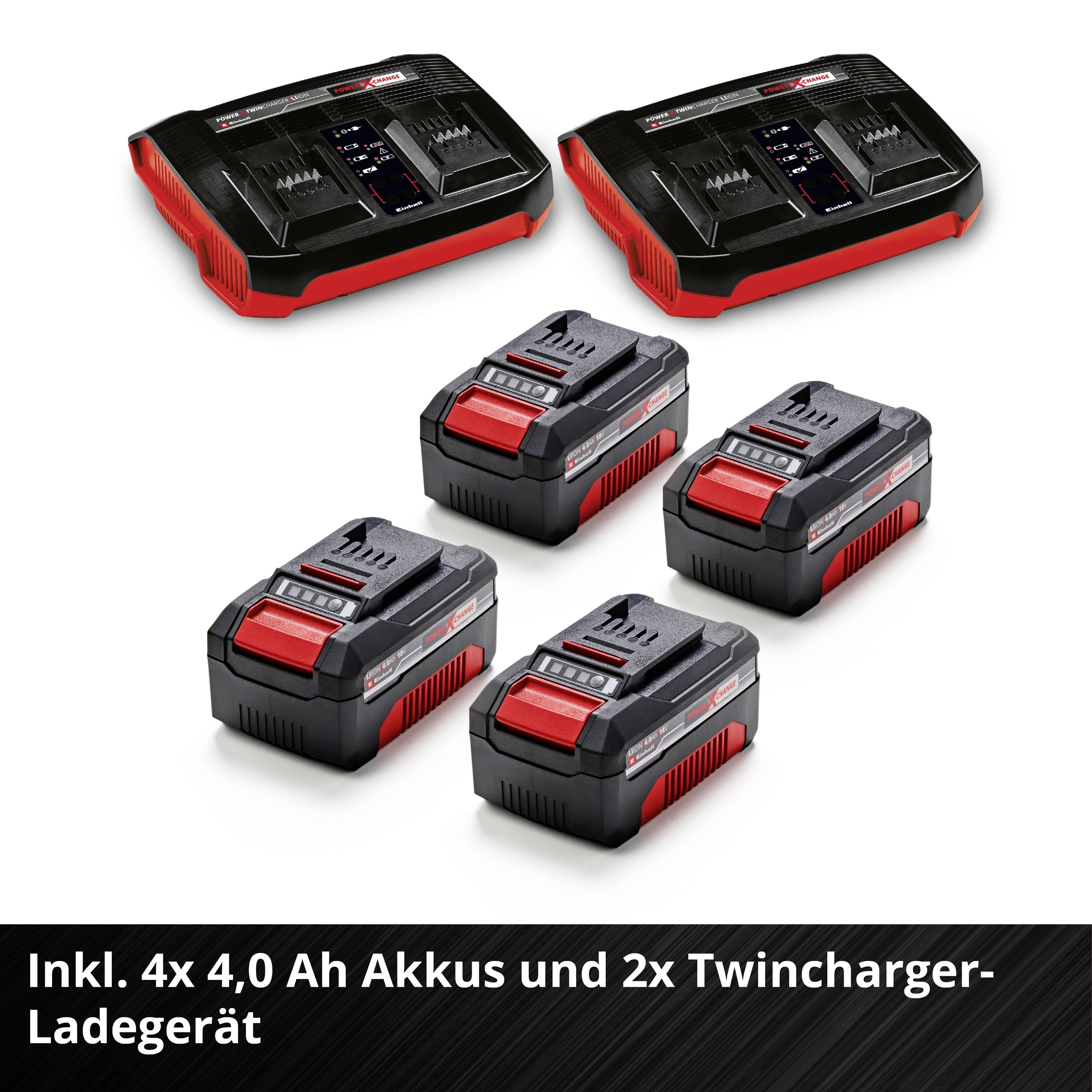 Vier 4,0 Ah Akkus mit zwei Twincharger-Ladegeräten.