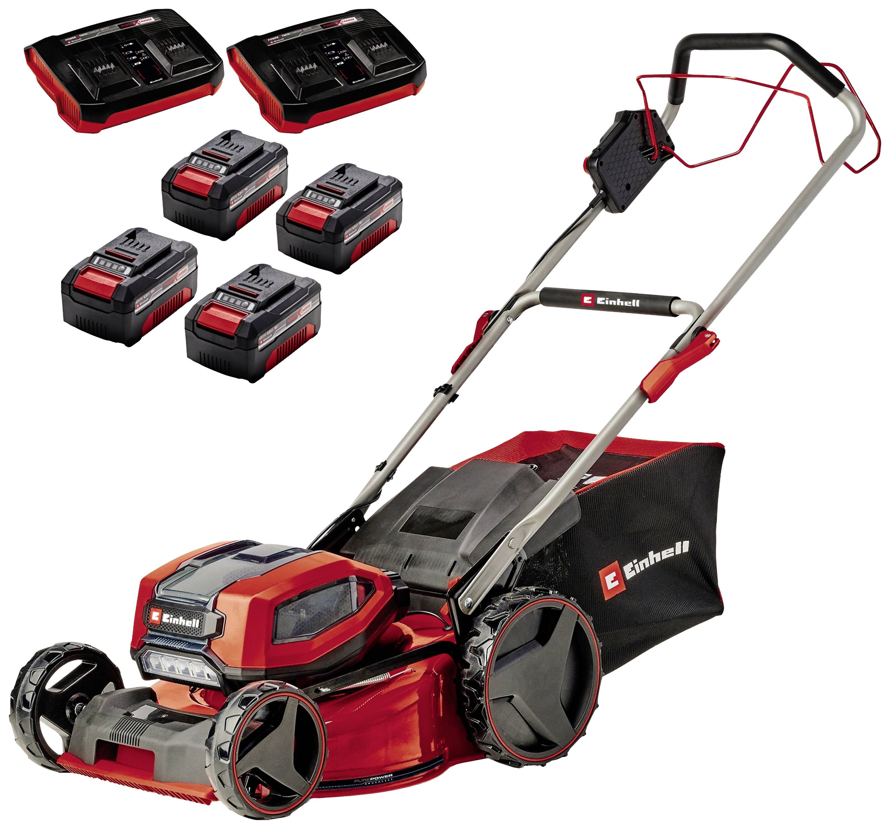 Roter, schnurloser Rasenmäher mit vier Akkus und zwei Ladegeräten, geeignet für den kabellosen Einsatz im Garten.