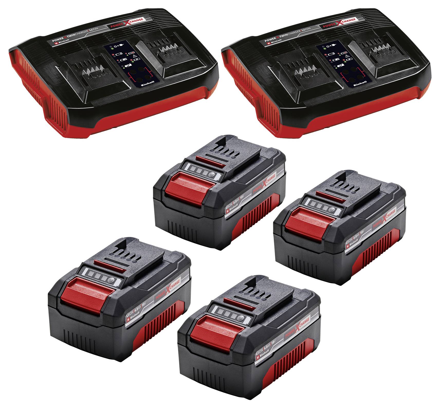 Zwei schwarze Ladegeräte oben und vier schwarze Batterien mit rotem Akzent unten, die für Elektrowerkzeuge verwendet werden.
