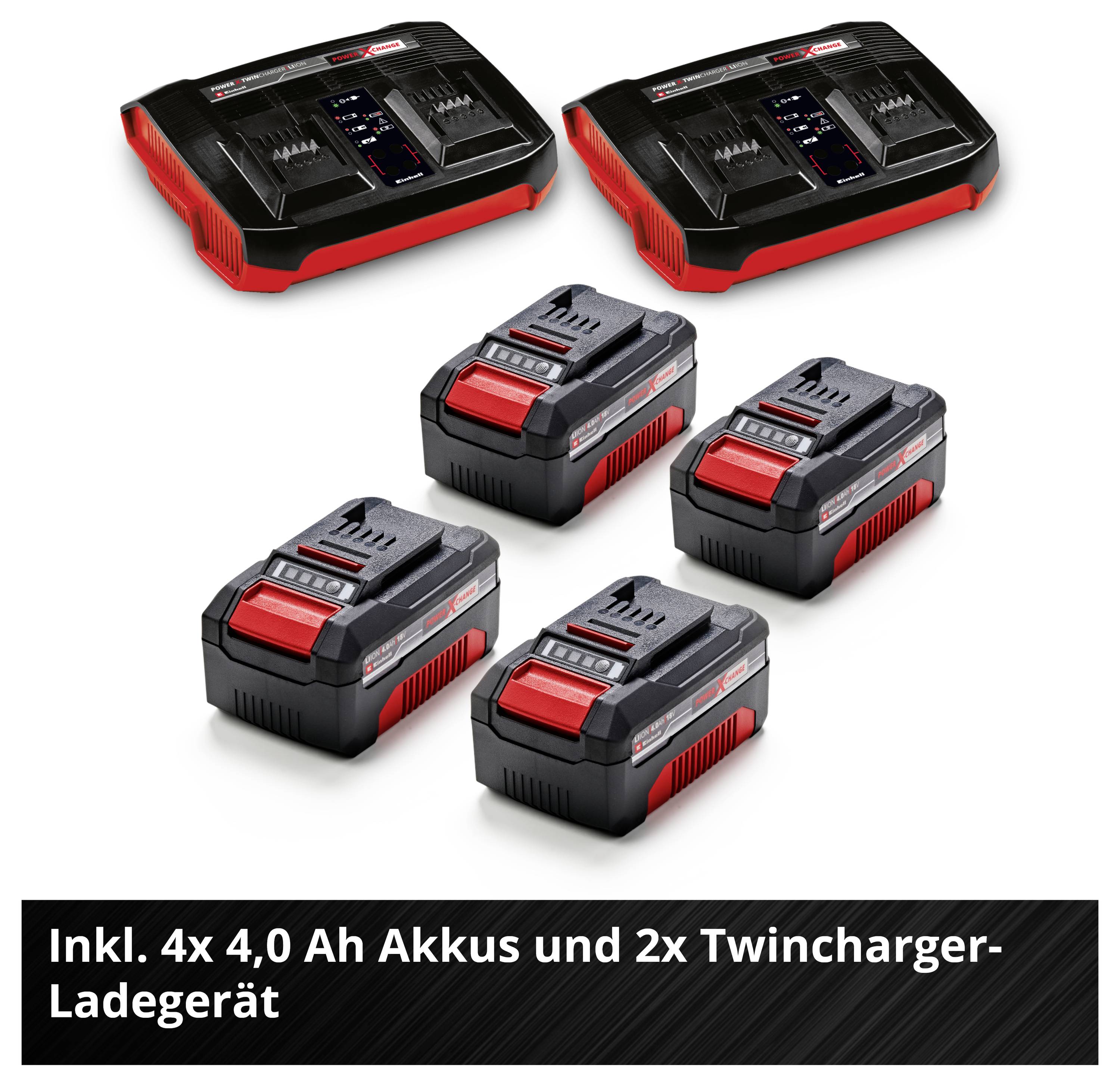 Set mit 2 Twincharger-Ladegeräten und 4 Akkus; Text: 'Inkl. 4x 4,0 Ah Akkus und 2x Twincharger-Ladegerät'.