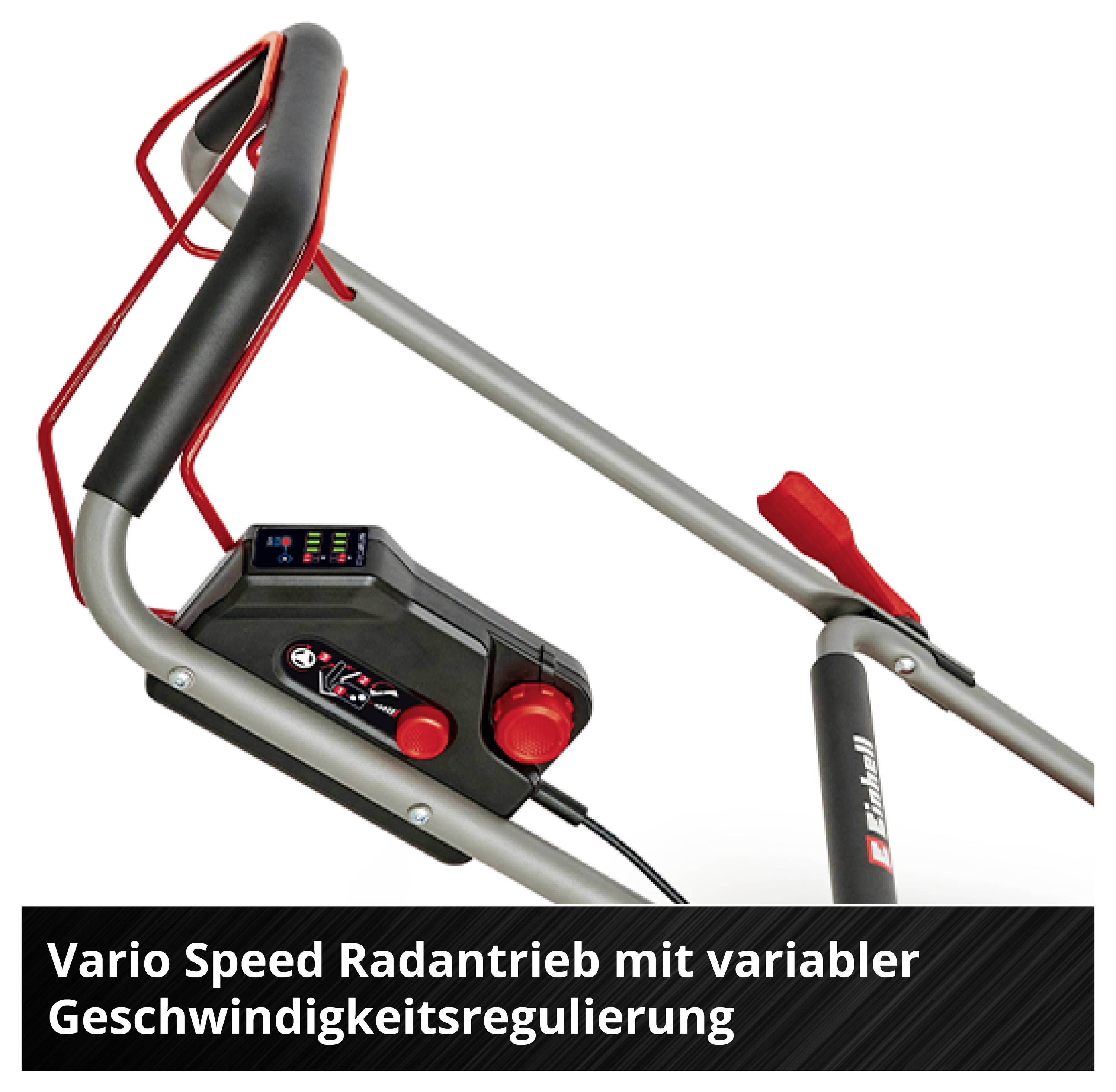 Rasenmäher mit Vario-Speed-Radantrieb und variabler Geschwindigkeitsregulierung; Bedienmodul am Griff sichtbar.
