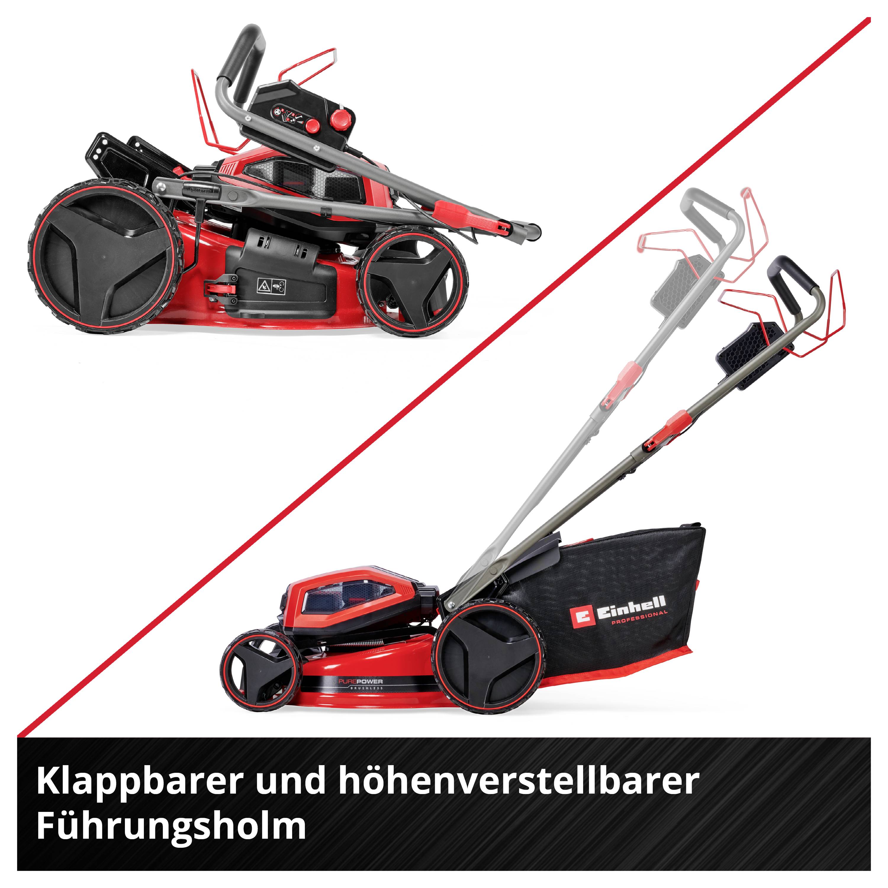Rasentrimmer mit klappbarem, höhenverstellbarem Führungsholm; links gefaltet, rechts ausgeklappt mit Fangbeutel, Beschriftung 'Klappbarer und höhenverstellbarer Führungsholm'.