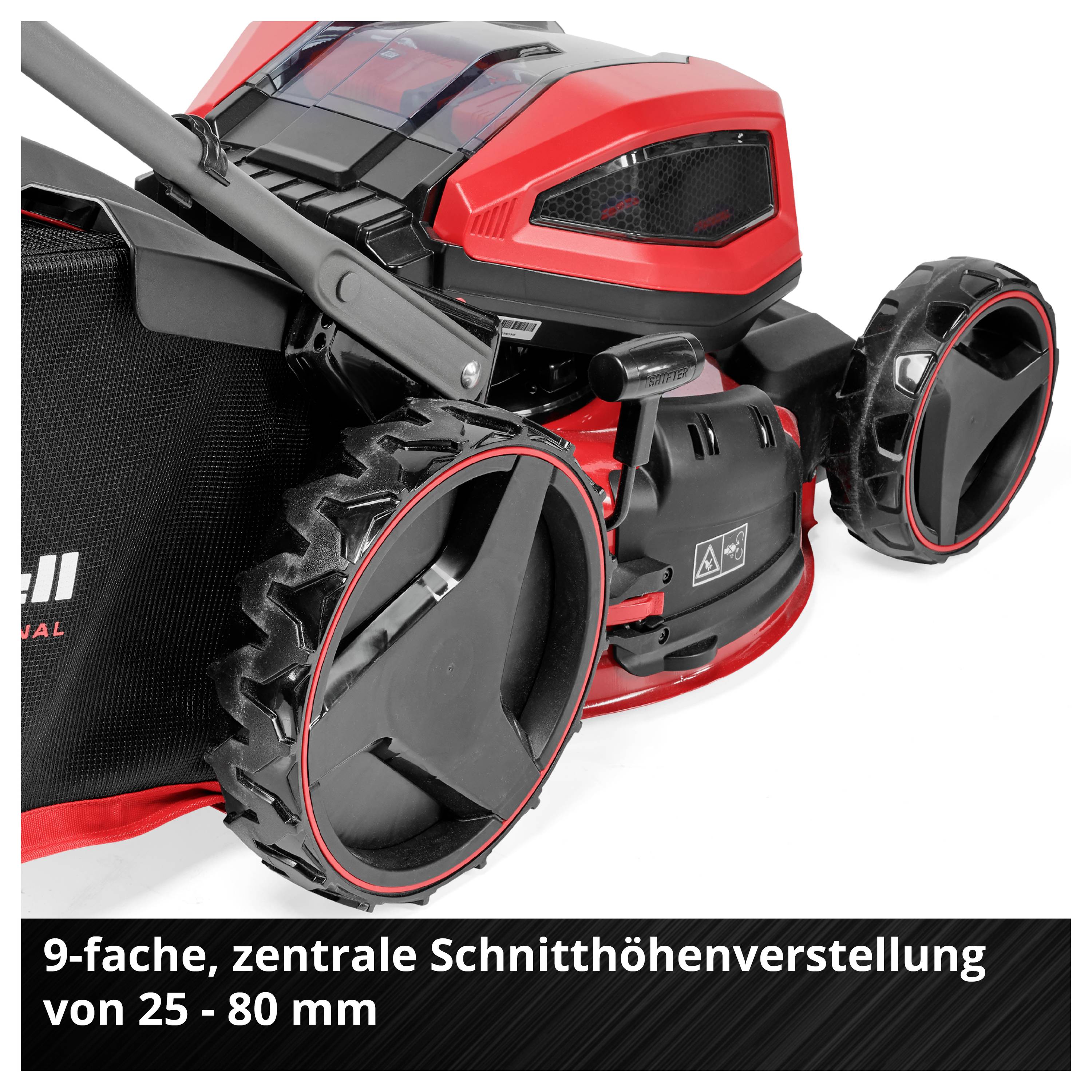 Rasenmäher mit Hinweistext: '9-fache, zentrale Schnitthöhenverstellung von 25 - 80 mm'.