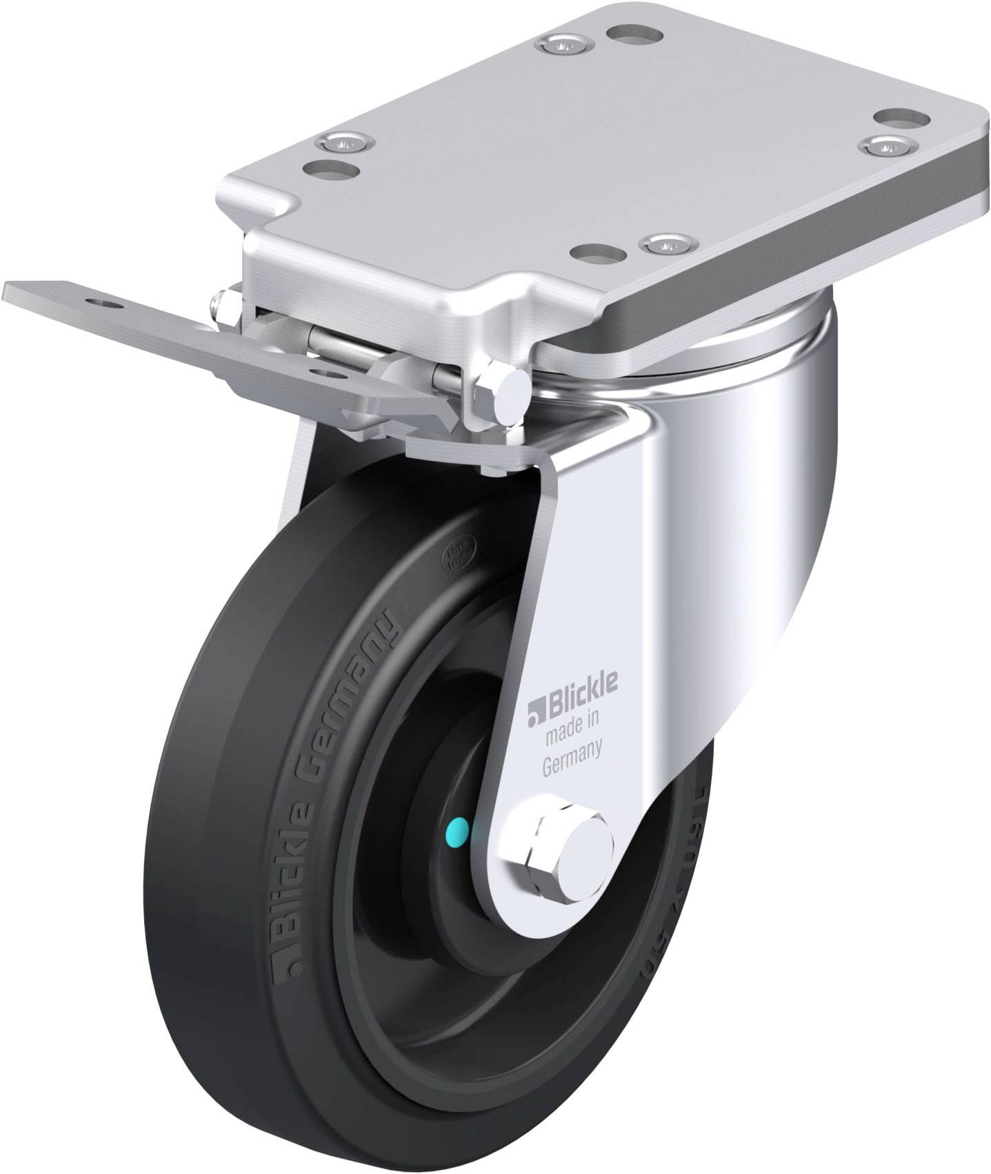 Schwenkrolle mit schwarzem Rad, silberner Halterung und rechteckiger Befestigungsplatte, markiert mit 'Blickle'. Geeignet für Möbel.