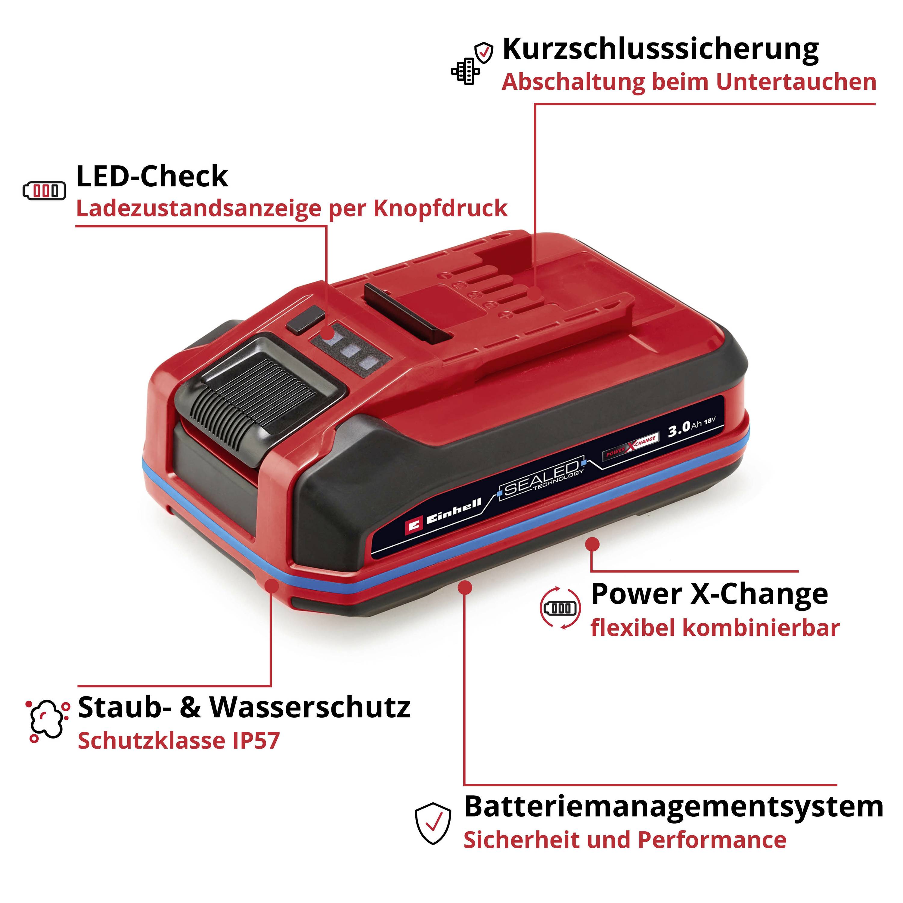Akkuladegerät mit Kurzschlusssicherung, LED-Ladestandsanzeige, Staub- und Wasserschutz (IP57), Power X-Change Kompatibilität und Batteriemanagementsystem.