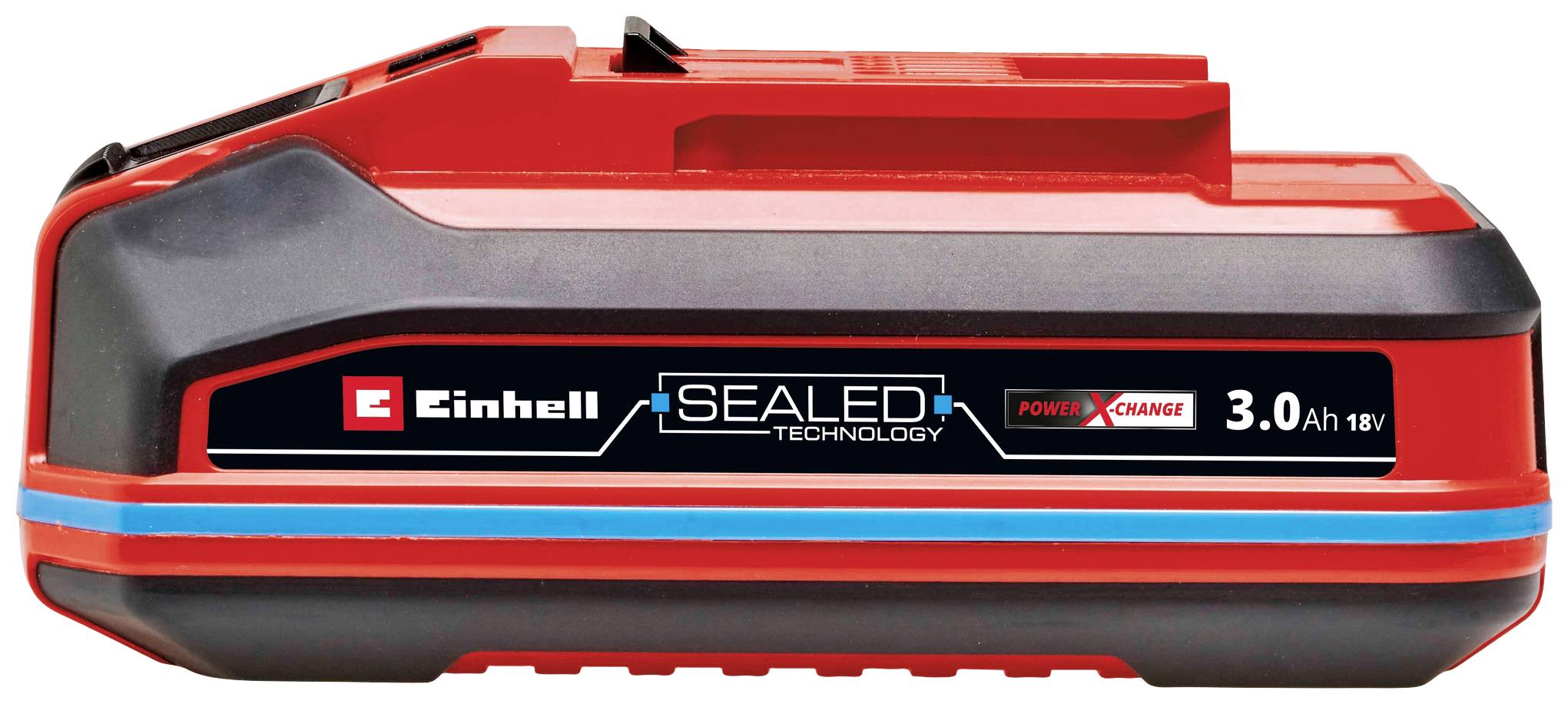 Roter Einhell-Akku mit der Aufschrift 'Power X-Change' und '3.0 Ah 18V'. Links ist das Einhell-Logo sichtbar.