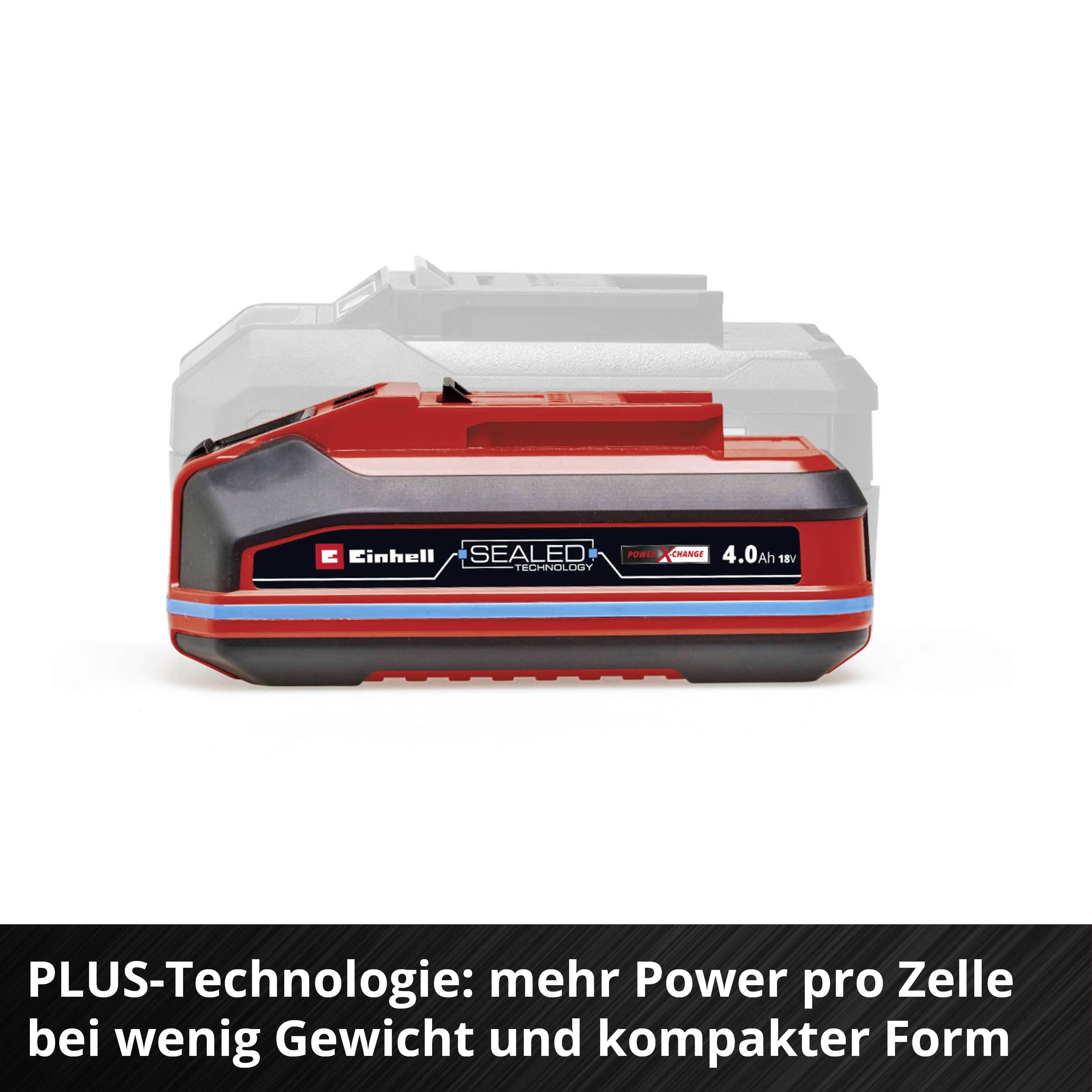 Ein Akku in Schwarz-Rot mit dem Text 'PLUS-Technologie: mehr Power pro Zelle bei wenig Gewicht und kompakter Form'.