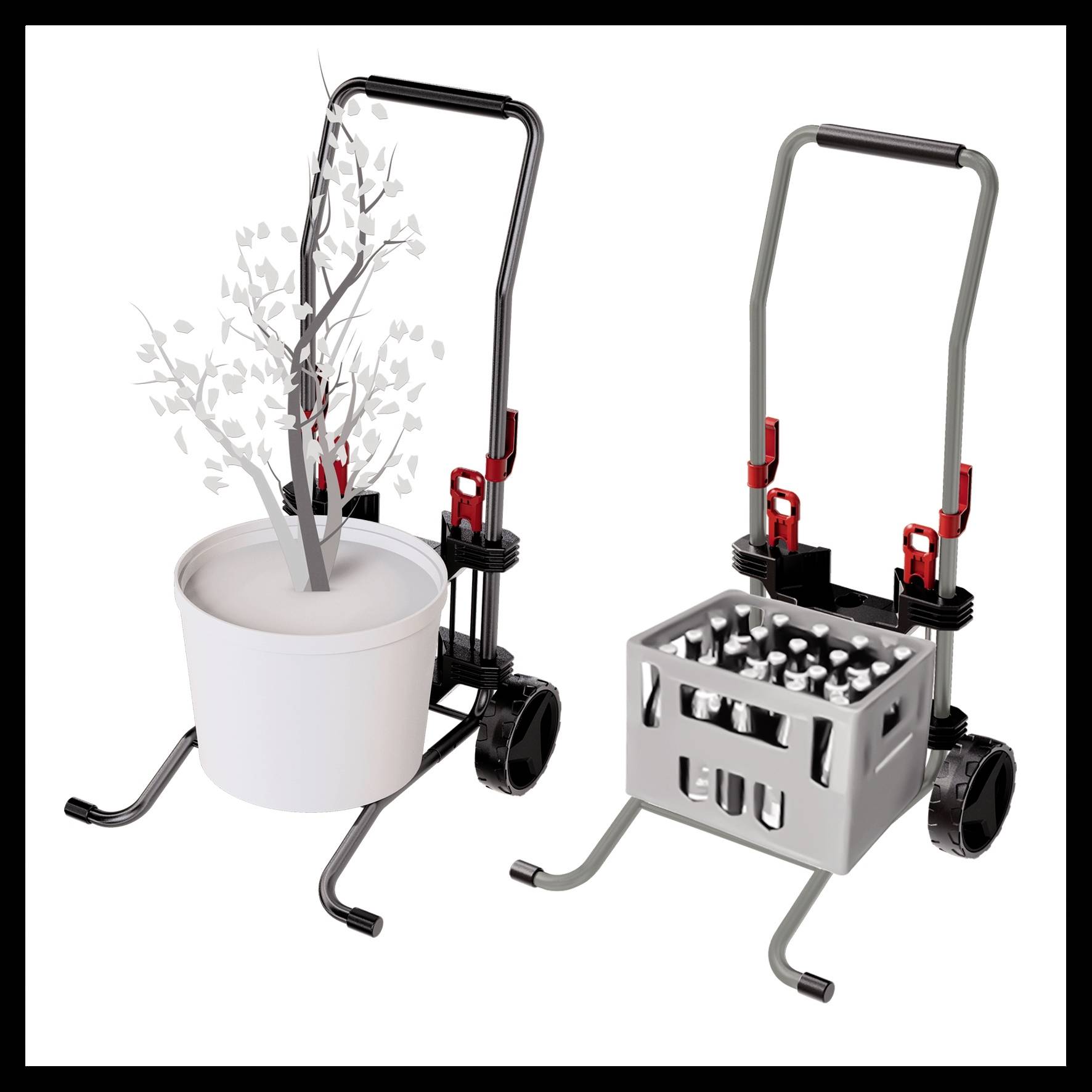 Zwei Handkarren. Links eine Topfpflanze, rechts eine Kiste mit Flaschen. Beide Karren haben Griff und Räder.