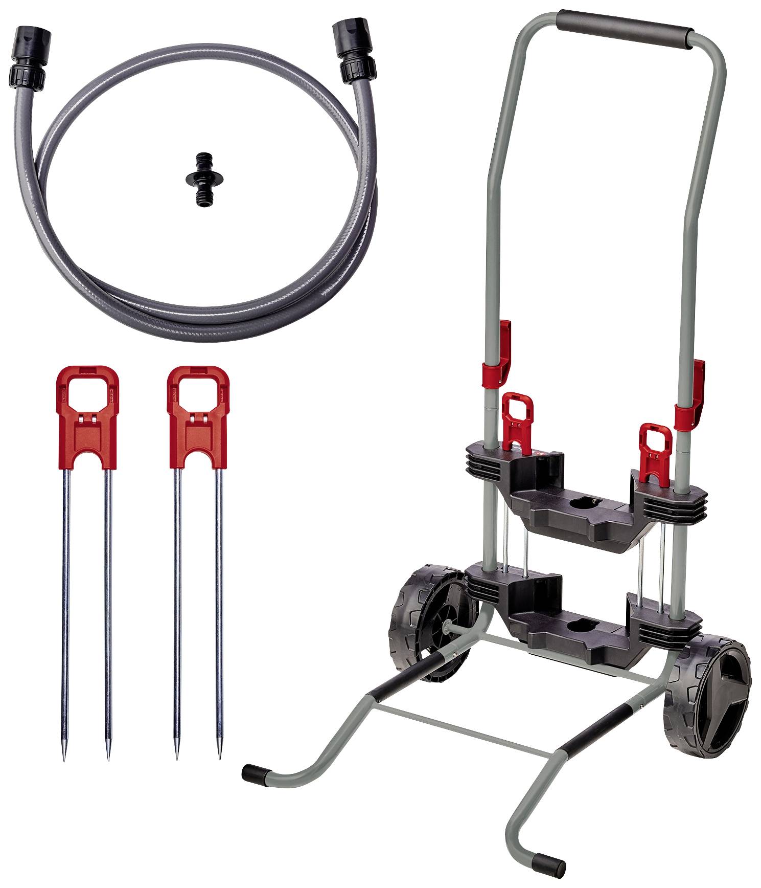 Ein Gartenschlauchwagen-Set bestehend aus einem Schlauchwagen mit Griff, einem Wasserschlauch, einem Dichtungsring und drei Erdspießen. Ideal zur einfachen Gartenbewässerung.