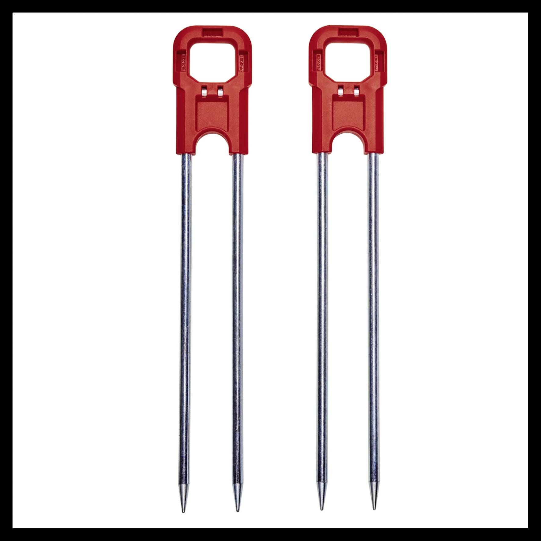 Zwei rote Doppel-Spieße aus Metall, oft für Grillzwecke, mit robusten roten Griffen und spitzen Enden, auf weißem Hintergrund.