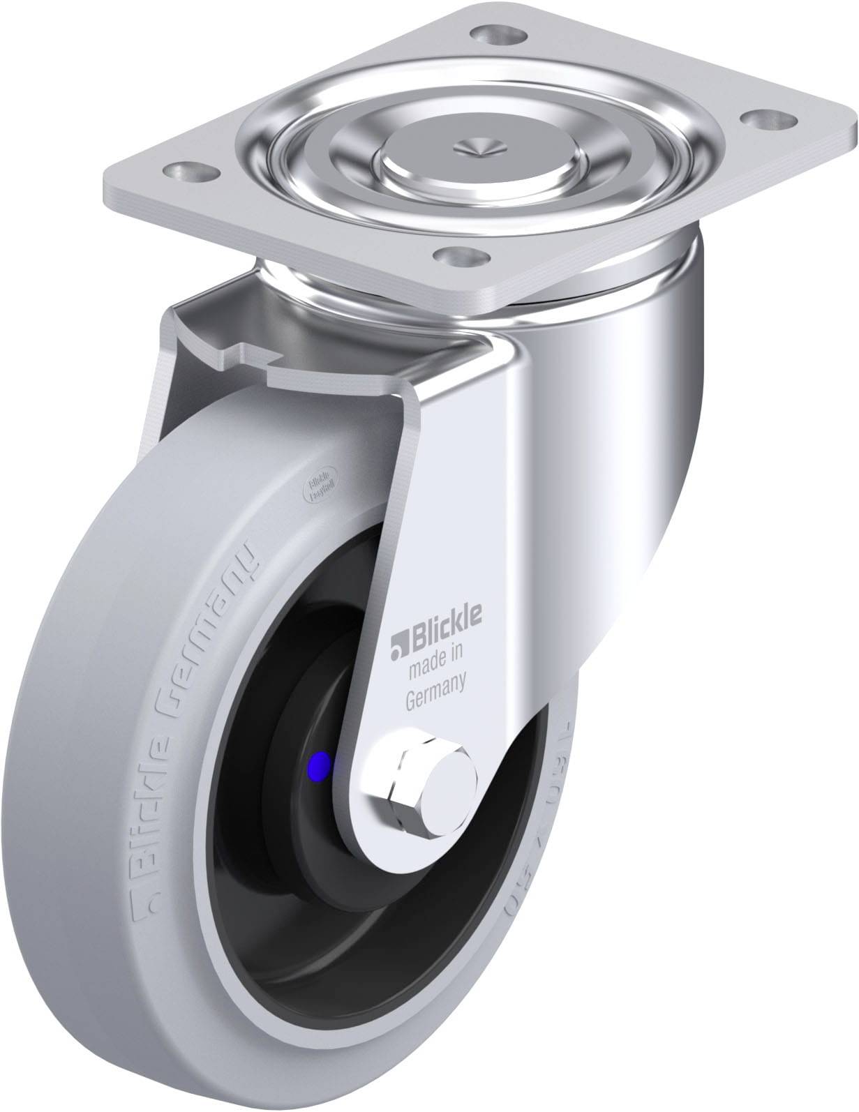 Schwenkrolle mit Befestigungsplatte und grauem, gummibeschichtetem Rad. Auf der Platte steht 'made in Germany'.