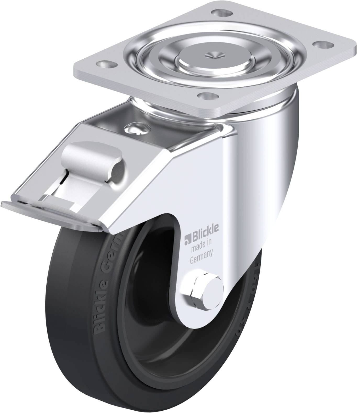 Schwenkrolle aus Metall mit schwarzem Rad und Befestigungsplatte, geeignet für Möbel oder Geräte