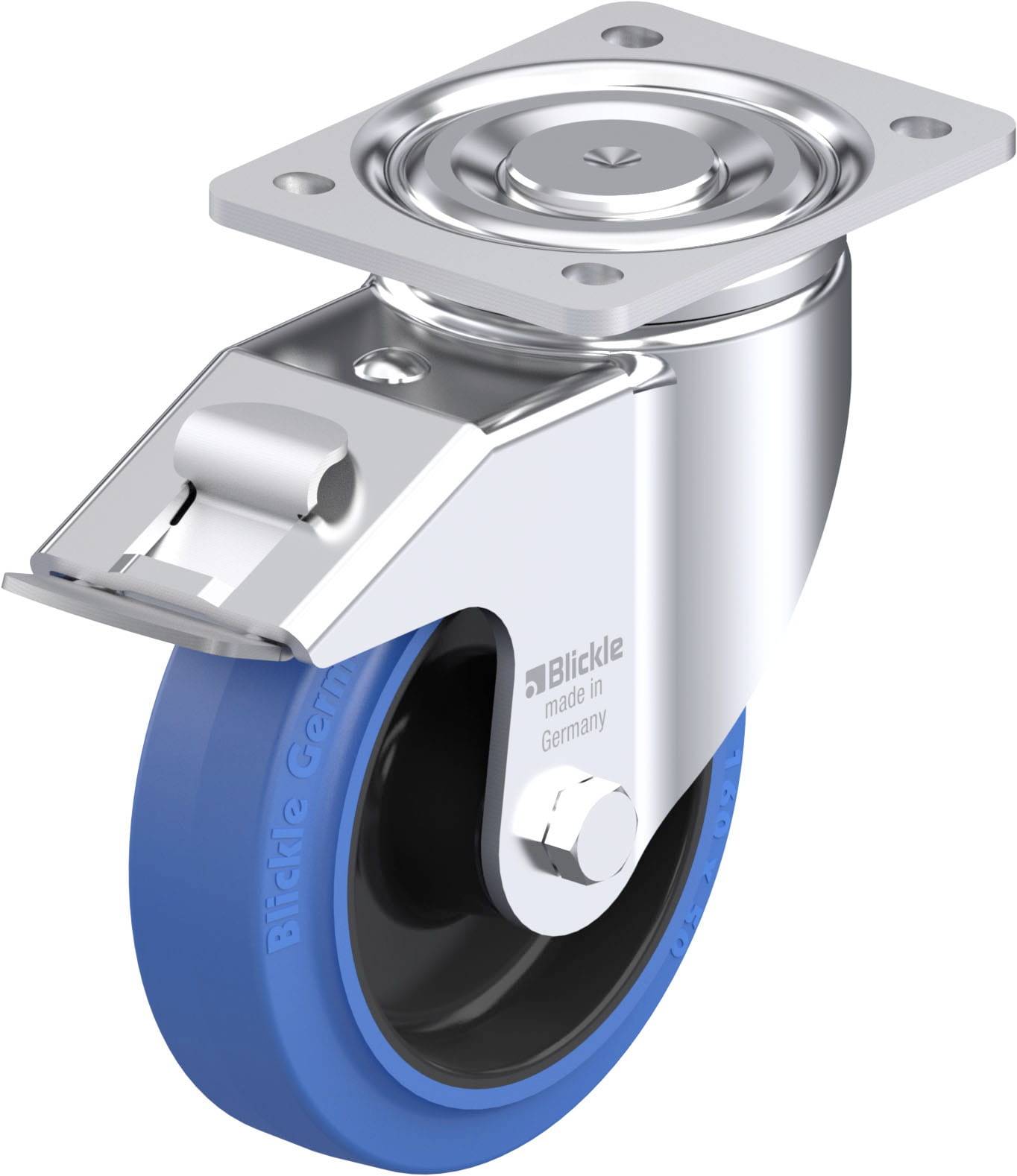 Drehbares Lenkrolle mit blauem Rad aus Kunststoff und silbernem Gehäuse, geeignet für industrielle Anwendungen.