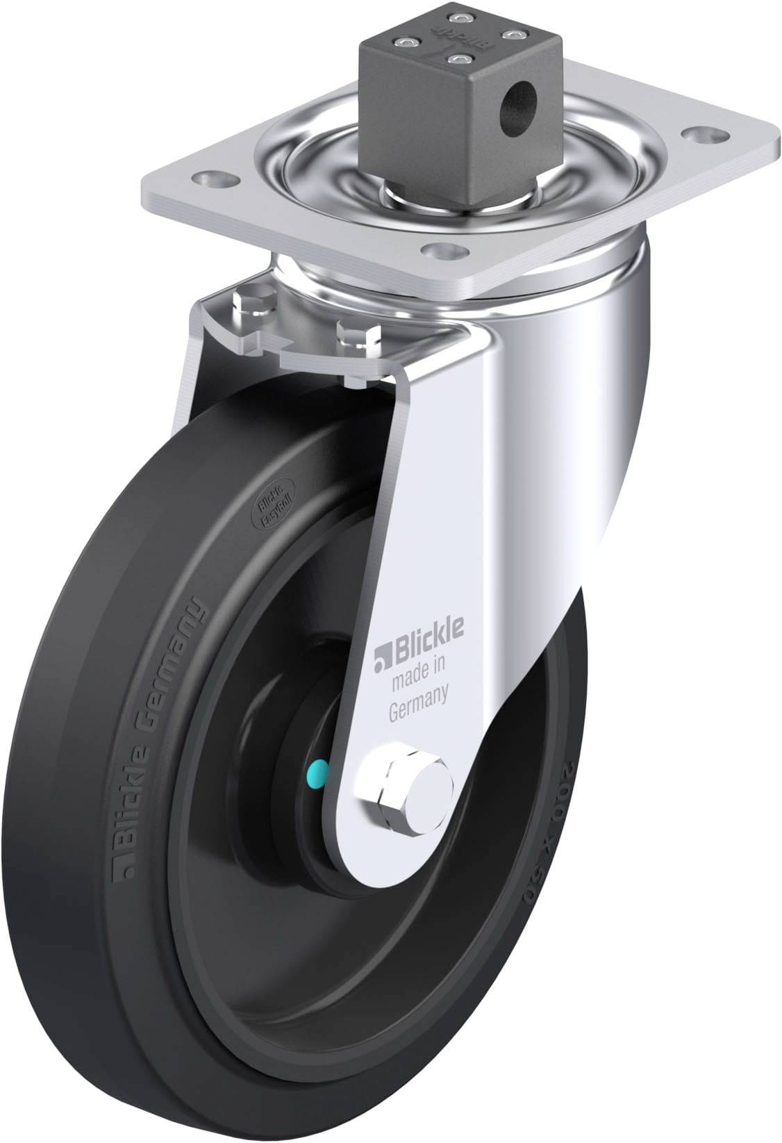 Industrie-Drehrolle aus Metall und Kunststoff mit schwarzem Rad. Aufschrift an der Seite: 'Blickle made in Germany'.