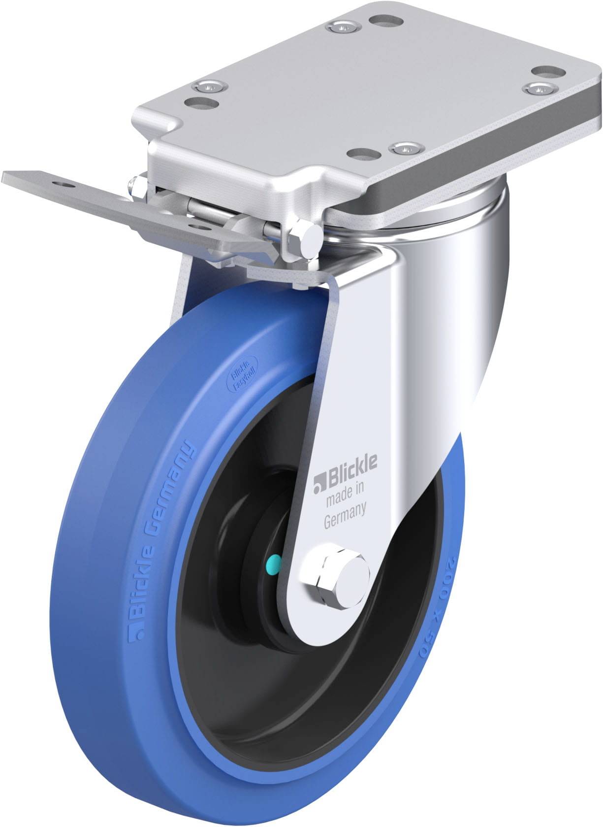 Ein blaues Laufrolle mit Metallgehäuse, geeignet für Transportgeräte; Beschriftung 'Blickle made in Germany' auf der Seitenfläche.