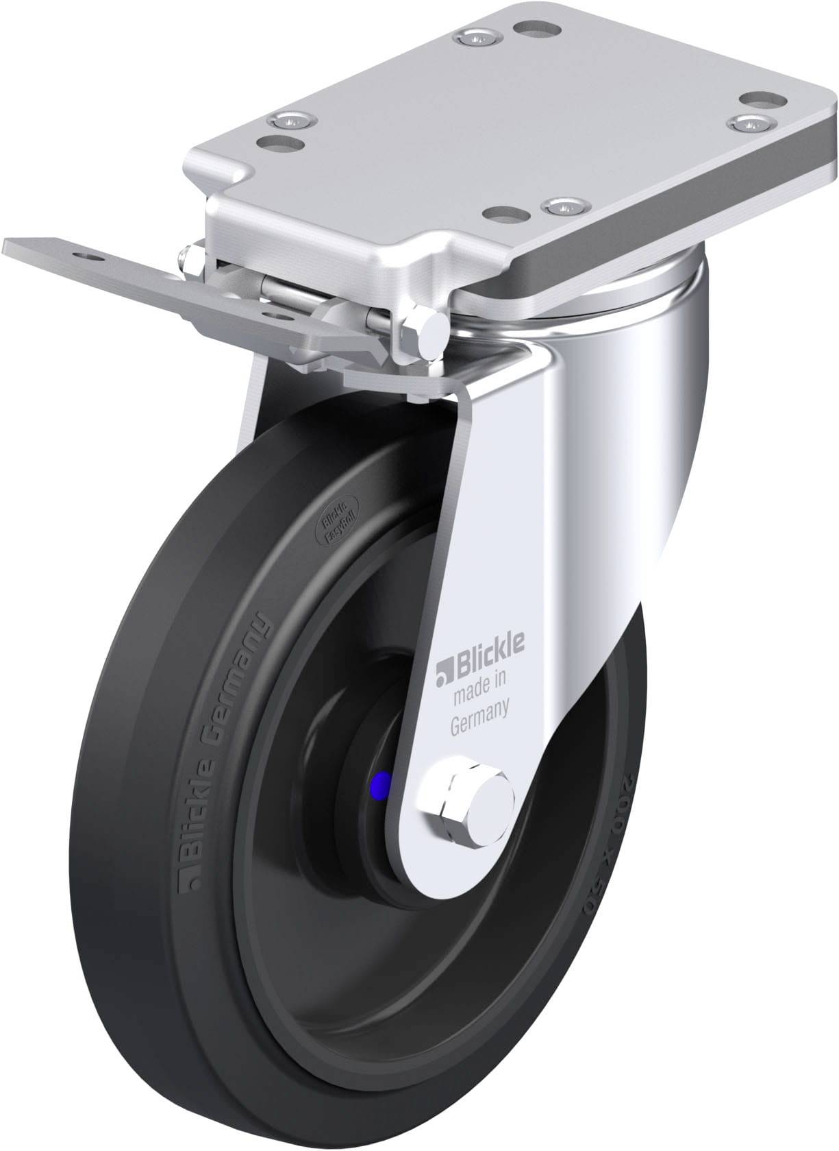 Gummirad mit Befestigungsplatte und Drehgelenk, hergestellt in Deutschland. Geeignet für industrielle Anwendungen und Transportwagen.