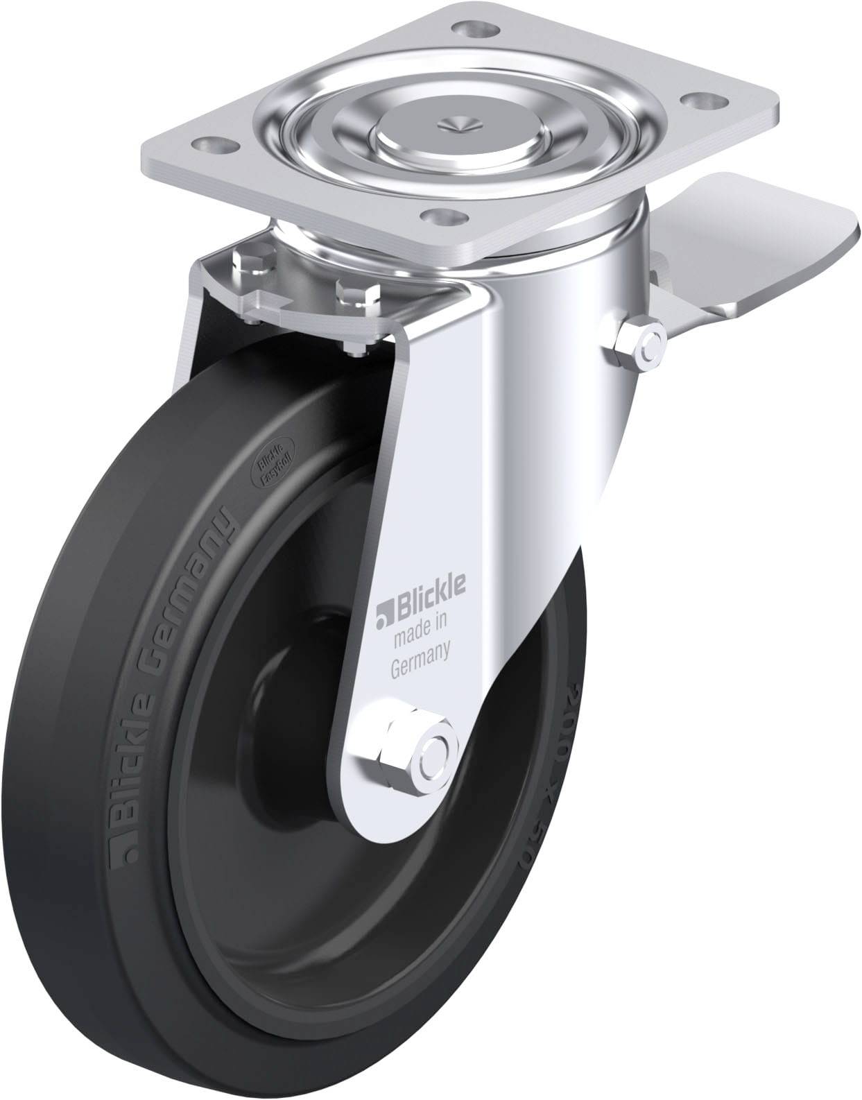 Drehbares Schwerlastrad mit Metallhalterung und schwarzem Rad. Beschriftung: 'Blickle made in Germany'. Geeignet für industrielle Anwendungen.