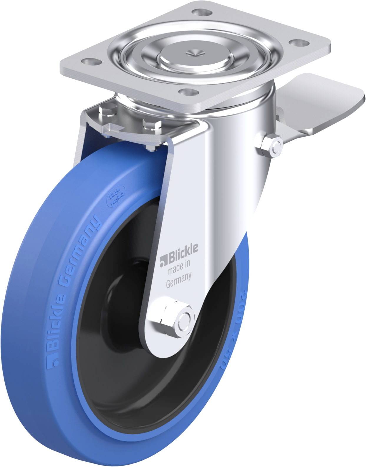 'Drehbares Rollengehäuse aus Metall mit blauer Gummirad und Halterung. Aufschrift: 