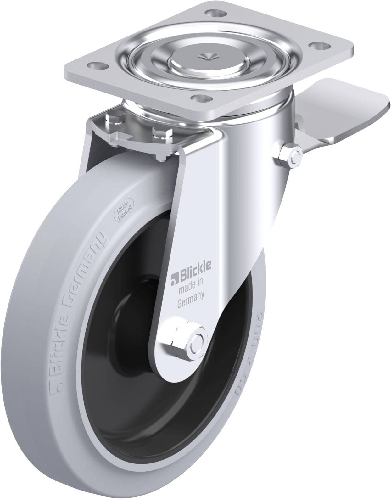 'Drehbares Metallrad mit grauer Gummibereifung und geriffelter Platte. Gravur: 