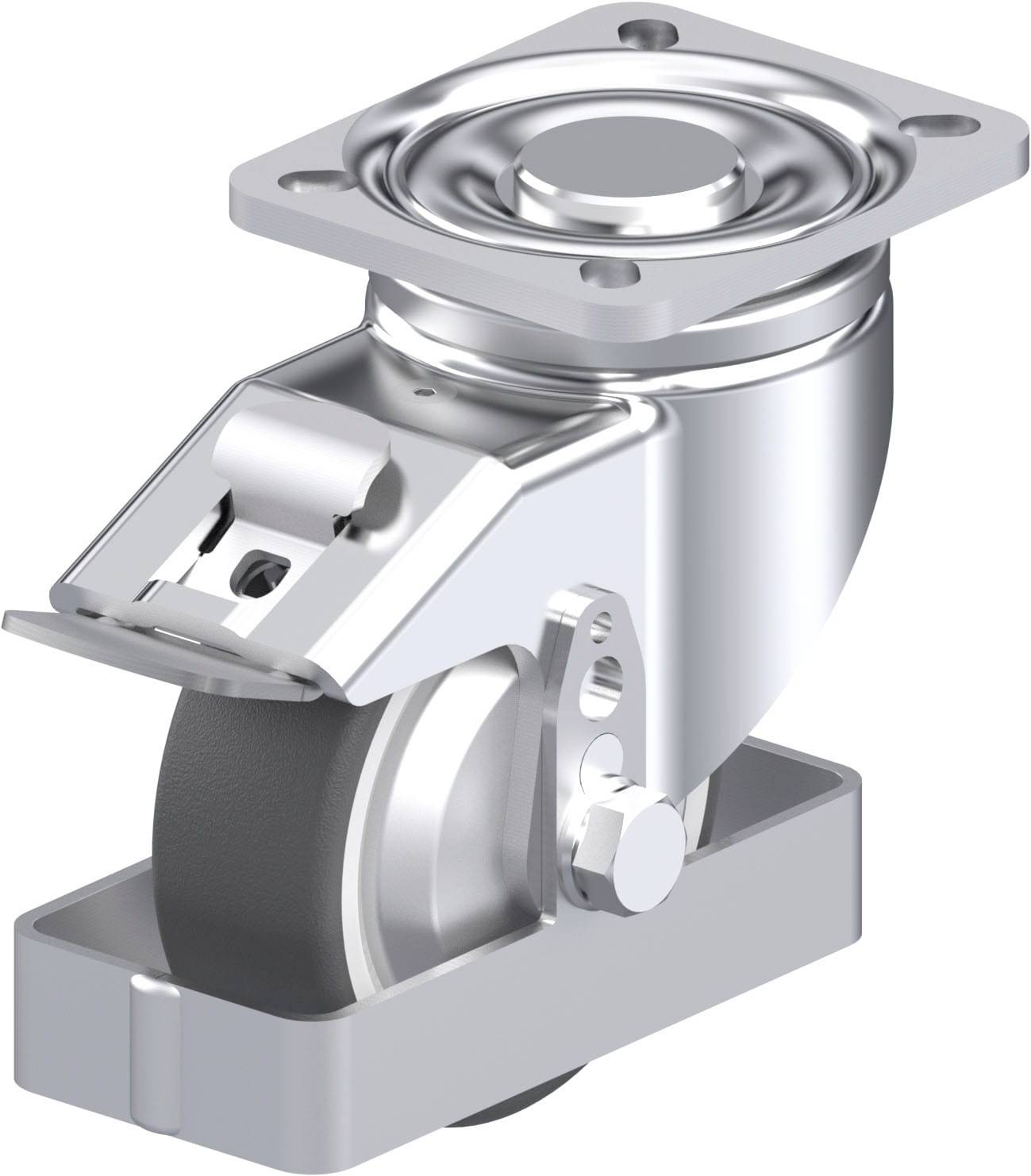 Drehbares Möbelrad mit Metallplatte und Bremse. Es ist silberfarben und robust gestaltet, geeignet für schwere Lasten.