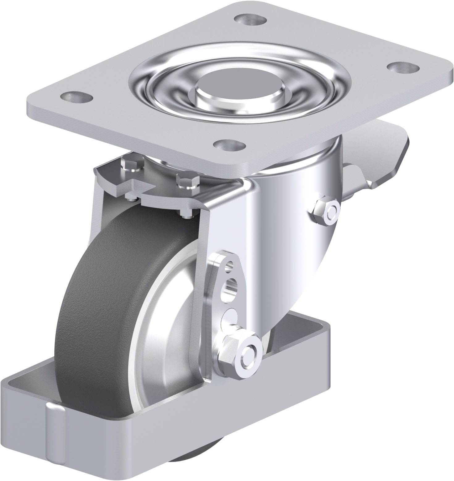 Eine industrielle Lenkrolle aus Metall mit einer Befestigungsplatte und drehbarem Gehäuse. Geeignet für schwere Lasten und Maschinen.